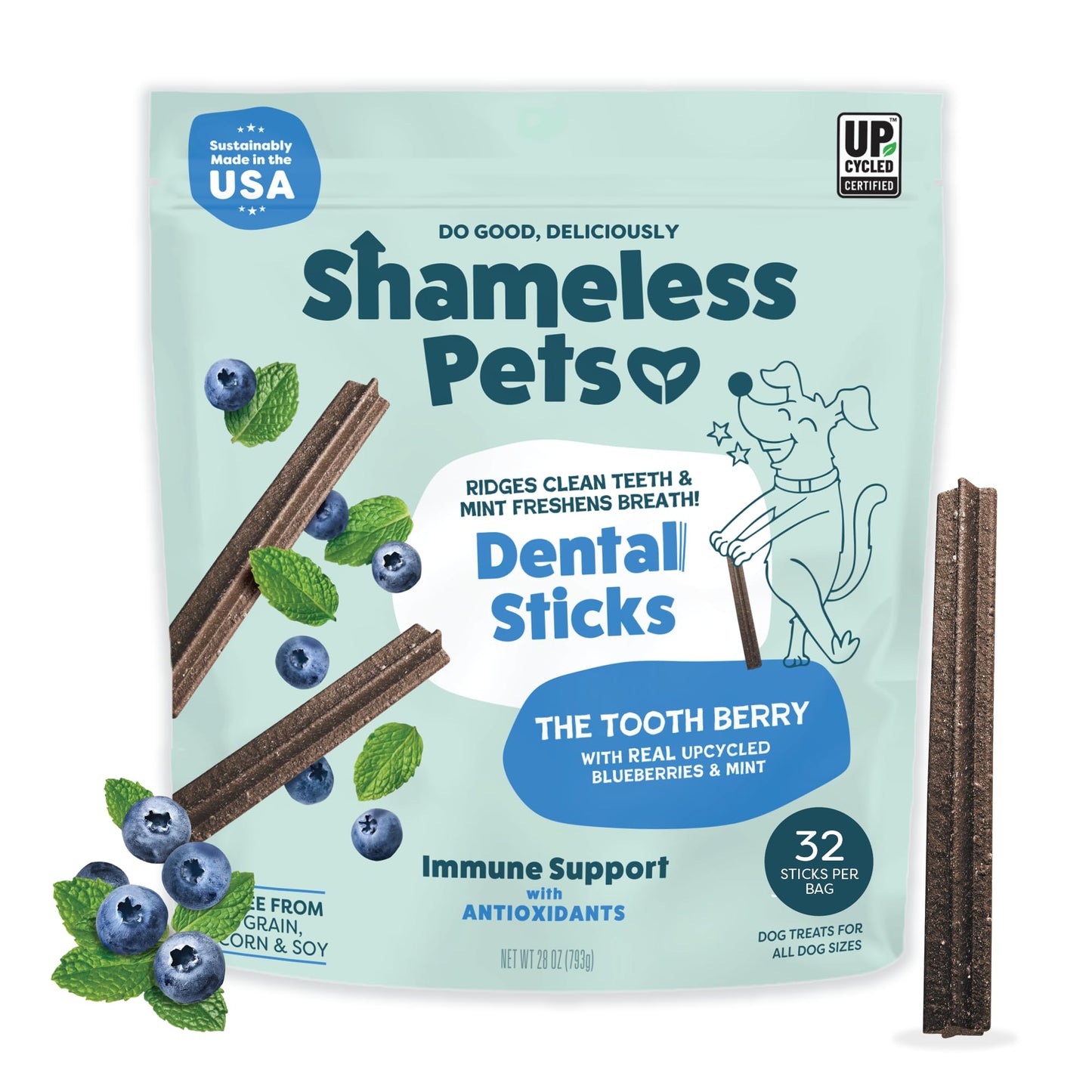 Shameless Pets Toothberry Dental Chews for Dogs – Natural Dog Dental Sticks for Fresh Breath, Teeth Cleaning & Removes Tartar, Grain-Free Dog Treats, No Corn or Soy, 32 Sticks