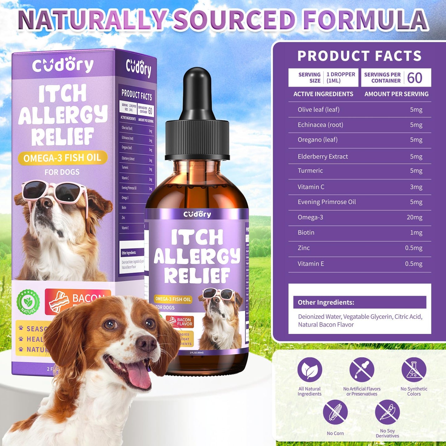Dog Allergy Relief Drops, Skin & Coat Support with Fish Oil and Omega-3, Natural Immune Supplement for Dogs – Seasonal Allergy & Itchy Skin Care – Soothes Sensitive Skin, Itch Relief for Dog, 2 Fl oz