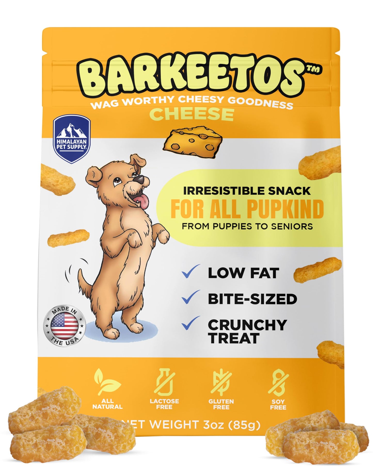 Barkeetos Dog Treats, Crunchy and Cheesy Pet Snacks Made with Real Himalayan Cheese, Gluten Free, Grain Free, Lactose Free, Natural Dog Food for All Breeds and Sizes