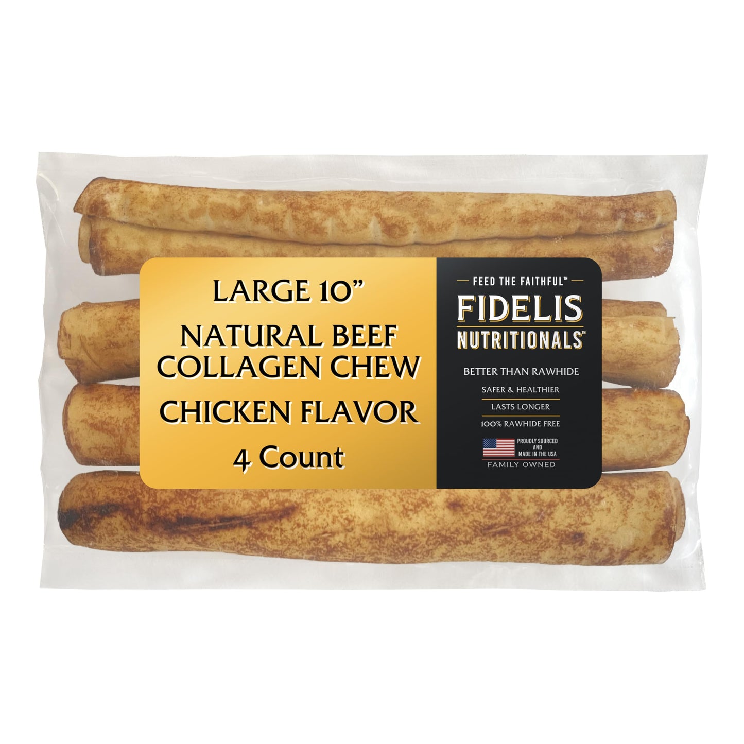 FIDELIS Rawhide Free Dog Chews Long Lasting, Treat Sticks, Dog Treats, Small & Large Dogs, Beef Collagen, Gluten Free, Grain Free, Pet Chew, Bones-Alternative, Made in USA, 4pk, Chicken, 10"