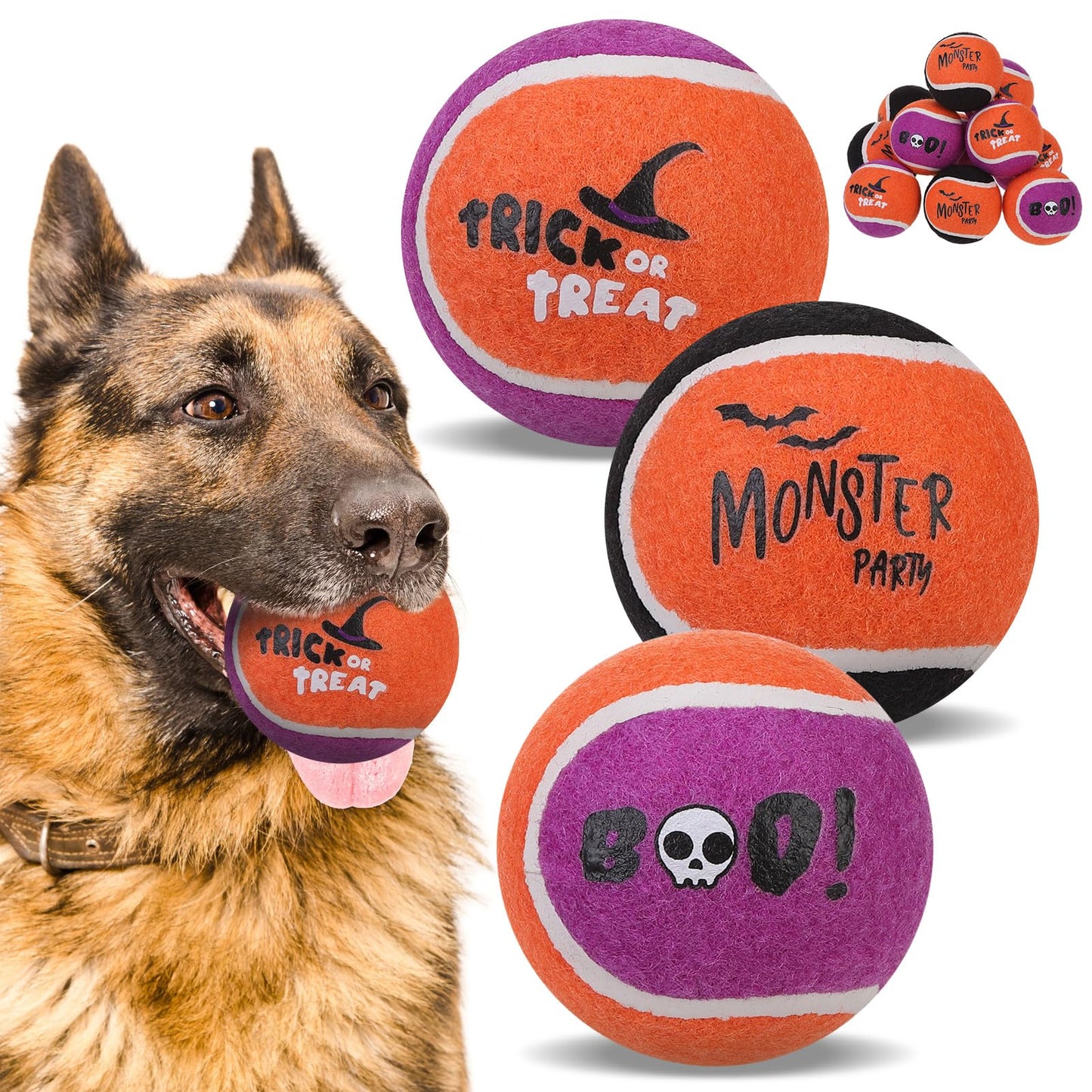 EXPAWLORER Squeaky Tennis Balls for Dogs - 12 Pcs Halloween Interactive Teething Chew Toys, Enrichment Dog Toys to Keep Them Busy, Fetch Training Balls for Large Medium Small Dogs