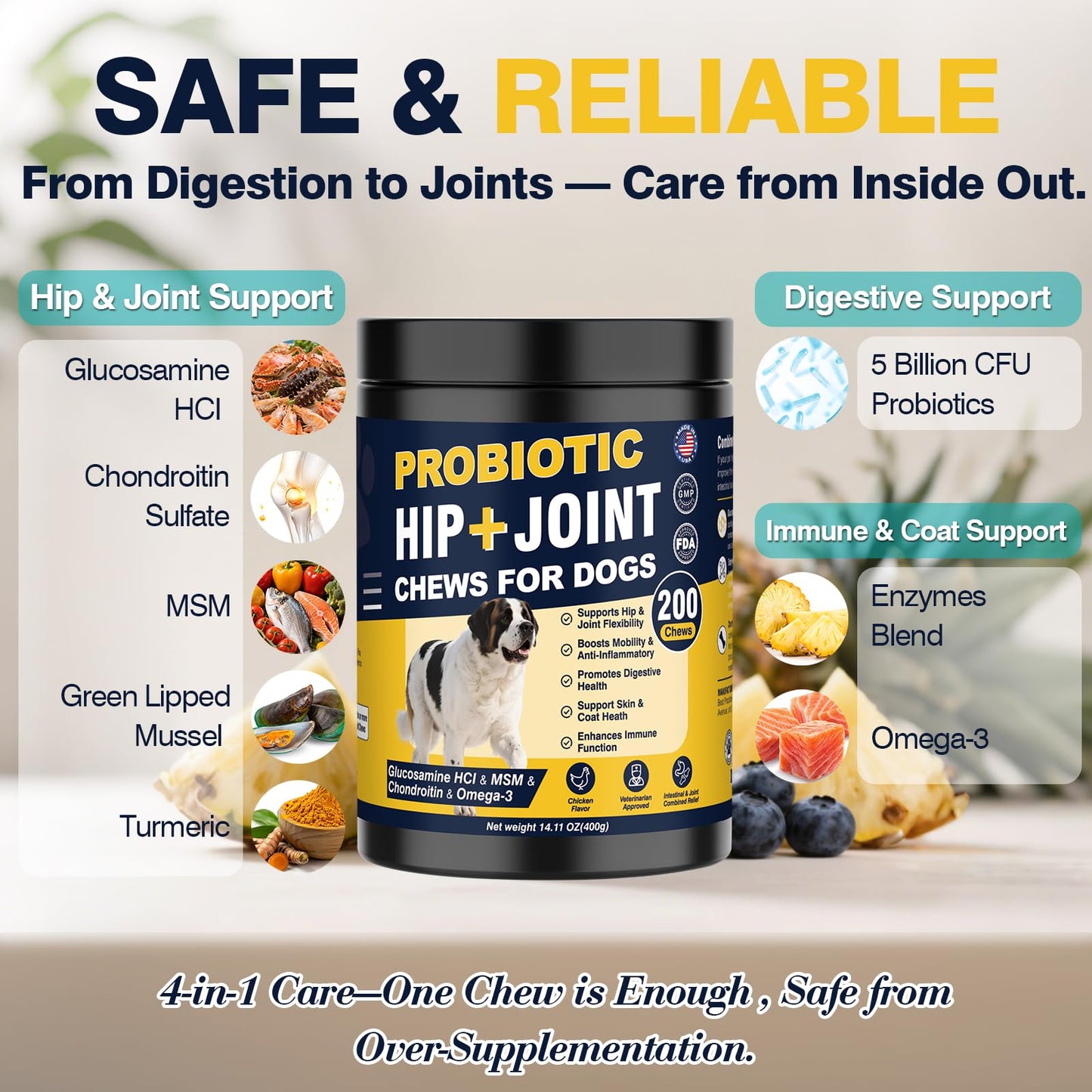 Hip and Joint Supplement for Dogs Dog Probiotics Glucosamine Chondroitin MSM Chew for Dog Arthritis Pain Relief Extend Joint Care, Probiotic for Digestive/Gut Health for Large/Small/Senior Breed Dogs