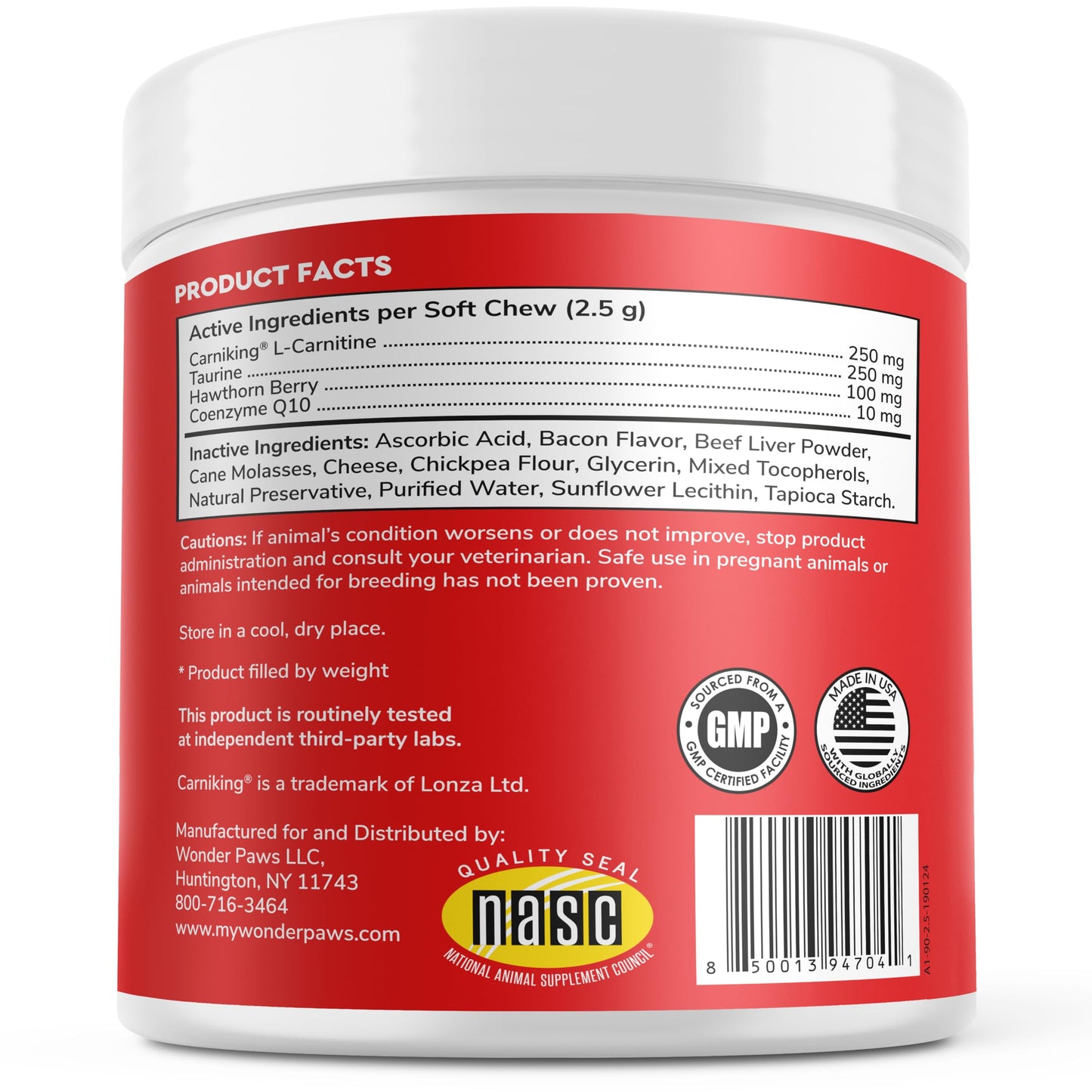 Wonder Paws Cardio Support for Dogs – Cardiovascular Chews Heart Health, Circulation, Energy & Weight Management - with L-Carnitine, Hawthorn Berry, Coenzyme Q10 & Taurine for Dogs – 90 Soft Chews