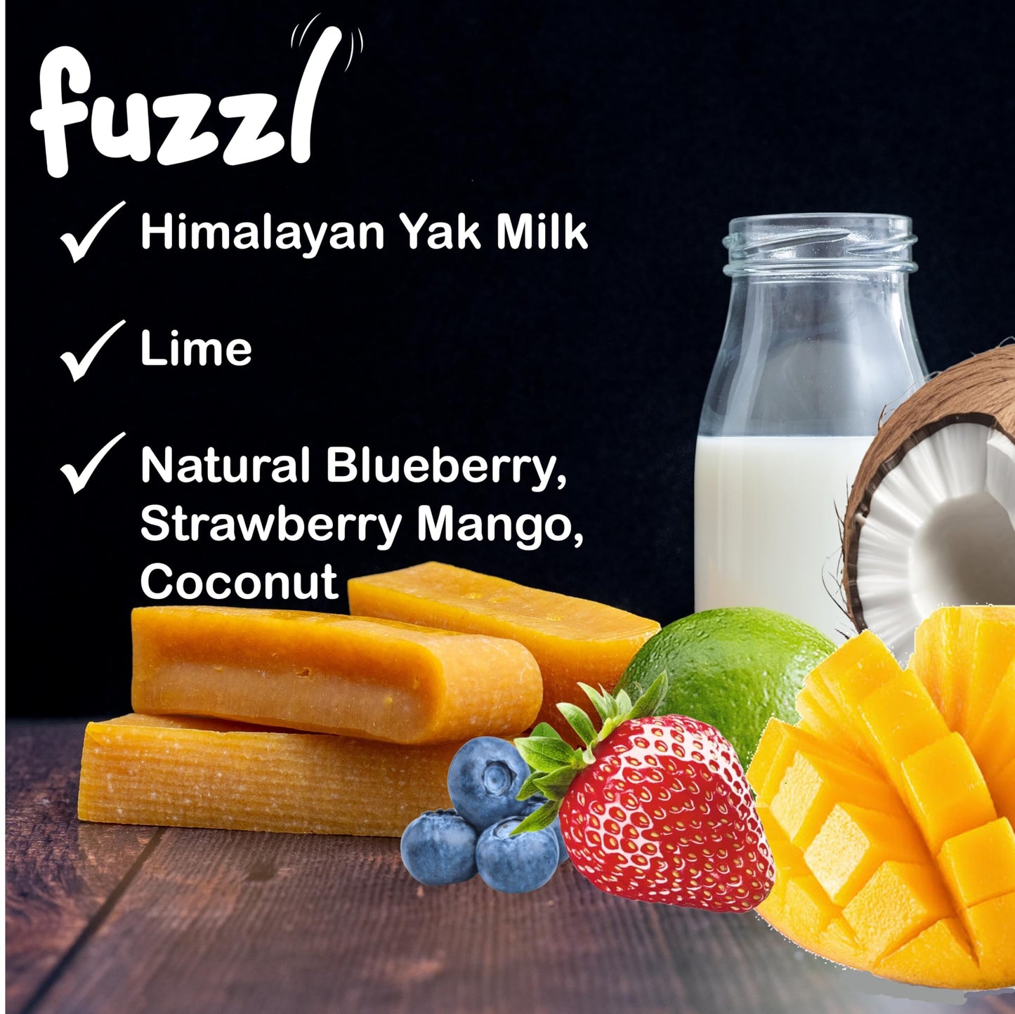 Fuzzl Yak Chews Mango, Coconut, Strawberry, Blueberry Medium Box 4 - Himalayan Yak Chews for Dogs - Natural Yak Cheese Himalayan Dog Chews Dog Chew