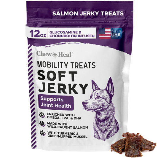 Dog Salmon Jerky Treats for Hip and Joint - 12 oz of Mobility Soft Dog Jerky Treats - Wild Caught Alaskan Salmon Jerky with Turmeric, Glucosamine, Chondroitin, Green Lipped Mussel, and More