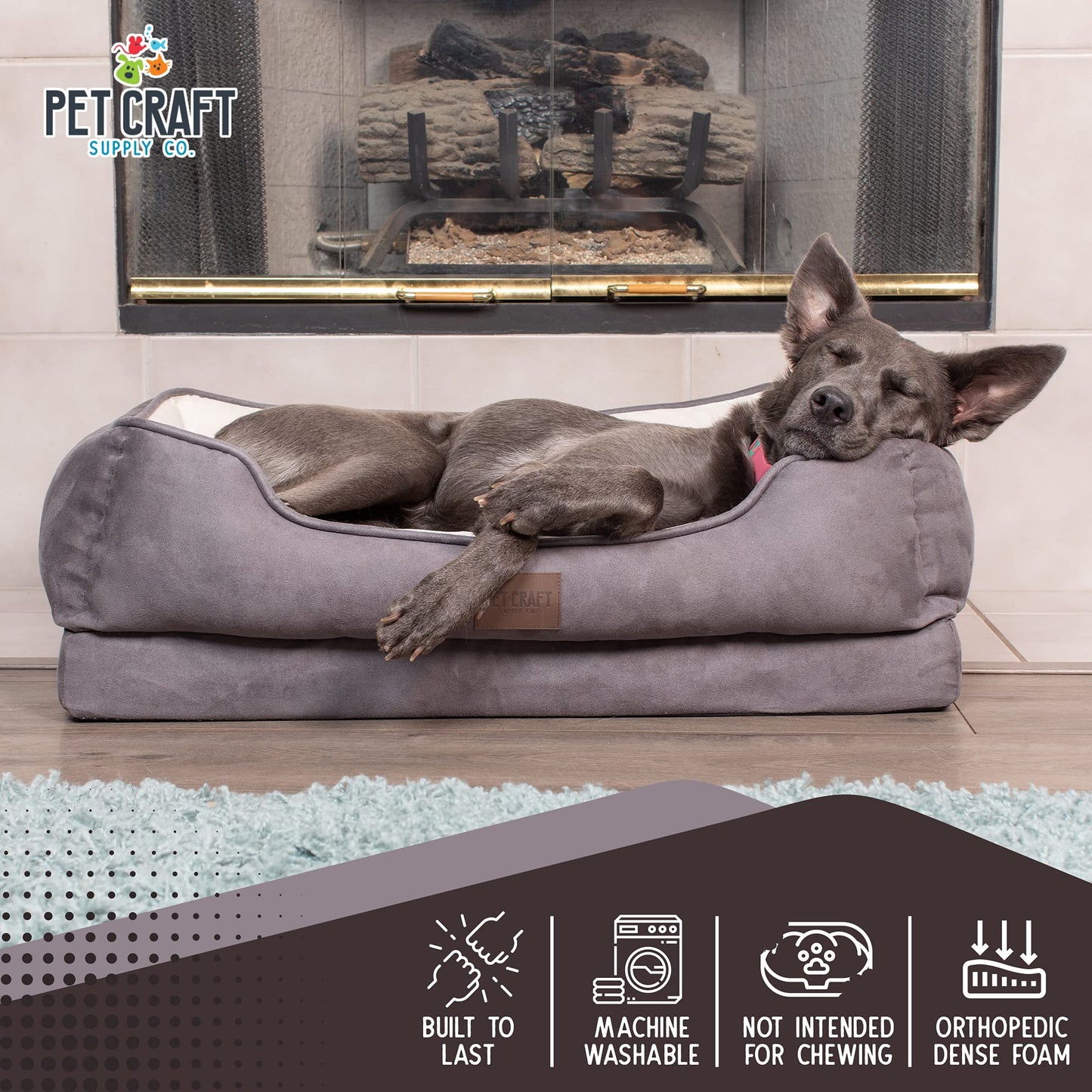 Pet Craft Supply Premium Orthopedic Lounger Dog Bed Sofa Style Couch Removable Washable Cover Joint Arthritis Relief Bolster Headrest Pet Bed for Small Dogs Medium Large Breed Dogs, Cream (8730)