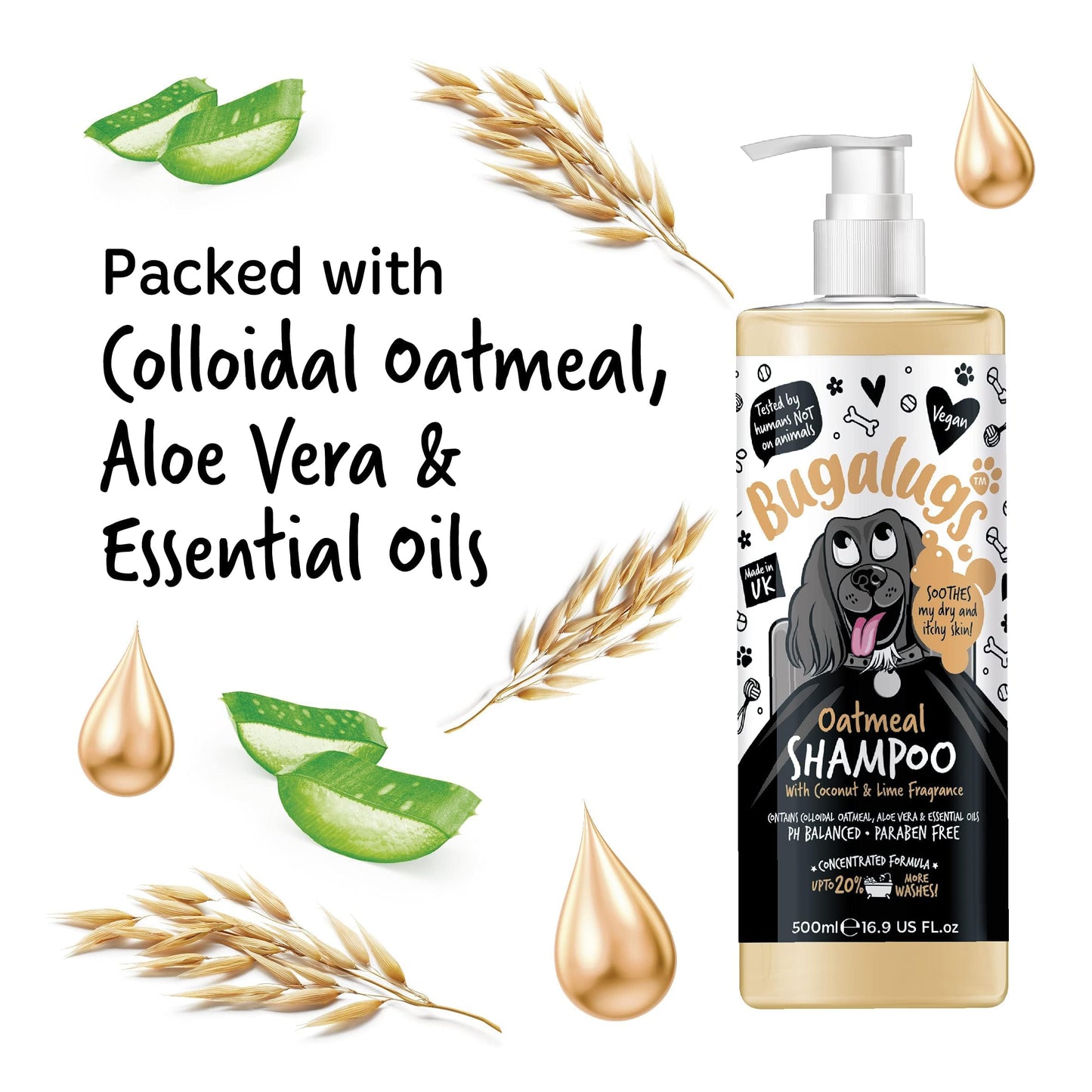 BUGALUGS Oatmeal & Aloe Vera Dog Shampoo Dog Grooming Shampoo Products for Smelly Dogs with Fragrance, Oatmeal Puppy Shampoo, Professional Vegan pet Shampoo & Conditioner