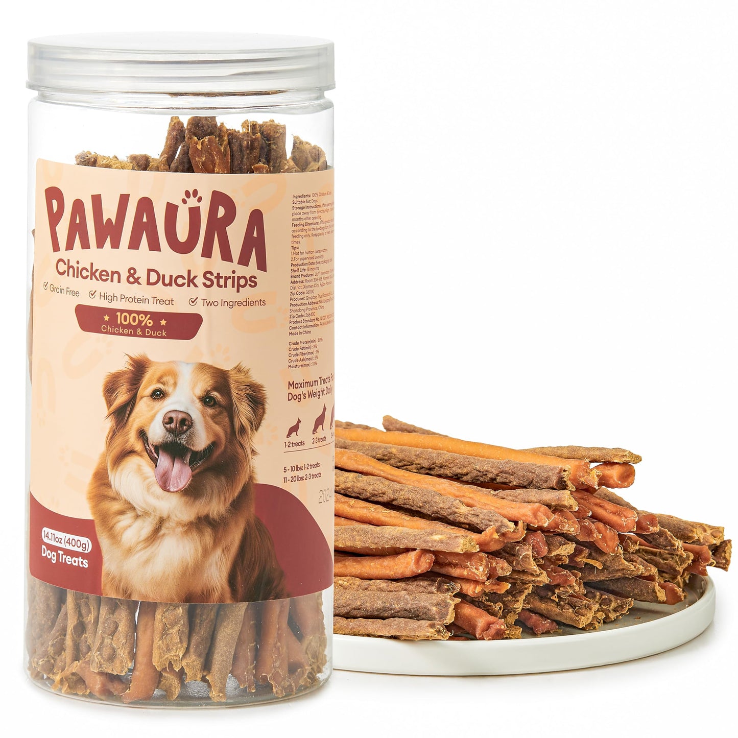 Pawaura Chicken Mixed Duck Strips for Dogs, Single Ingredient Dehydrated Chicken & Duck Jerky Sticks Training Treats for Puppy to Large Dogs 14.1 oz