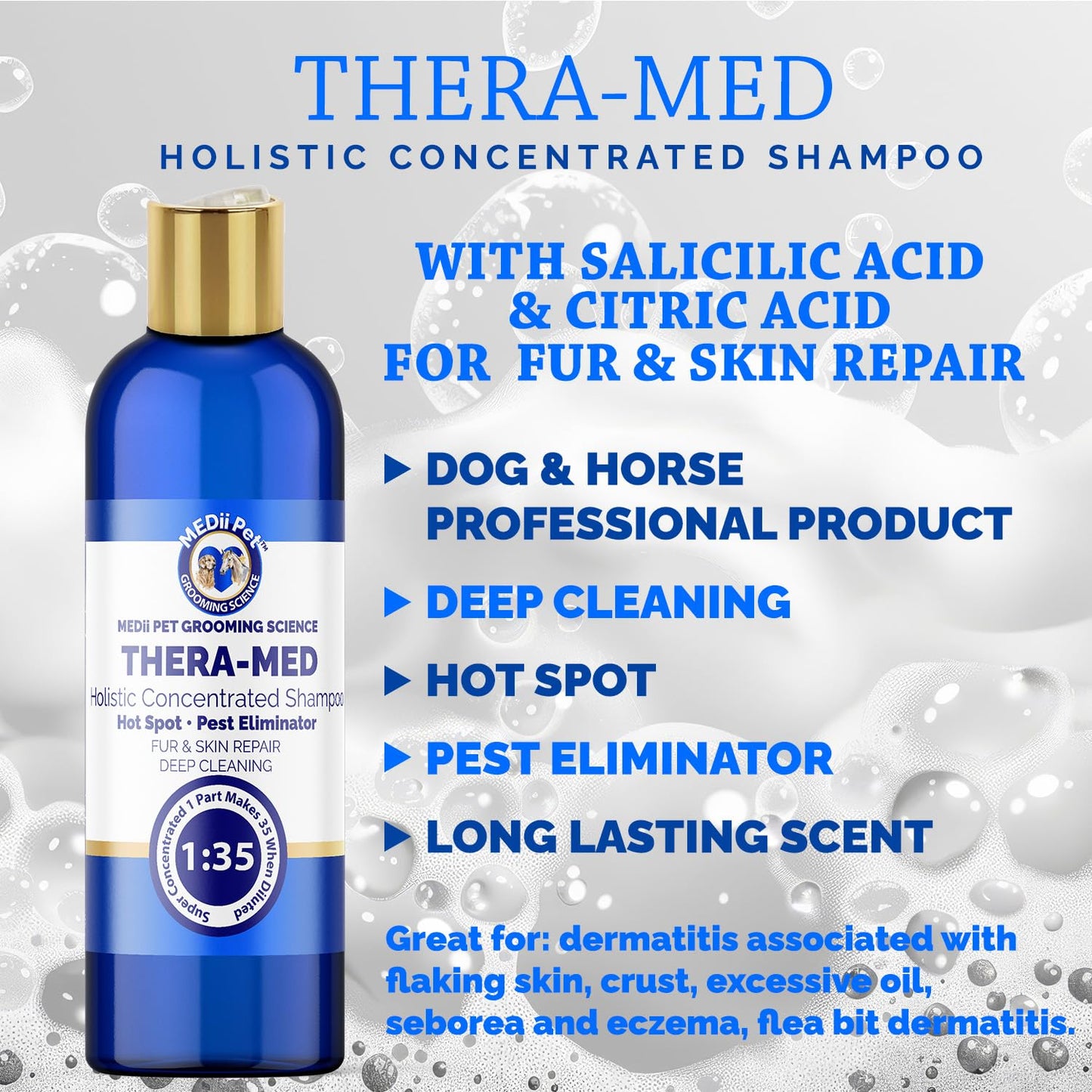 Medii Pet THERA-MED Hypoallergenic Dog Shampoo - Natural Scent, Easy Rinse, Medicated Itch Relief, Vet-Grade Quality - 16 Oz Makes 4 Gallons - for Sensitive Dogs - Trusted Grooming Solution