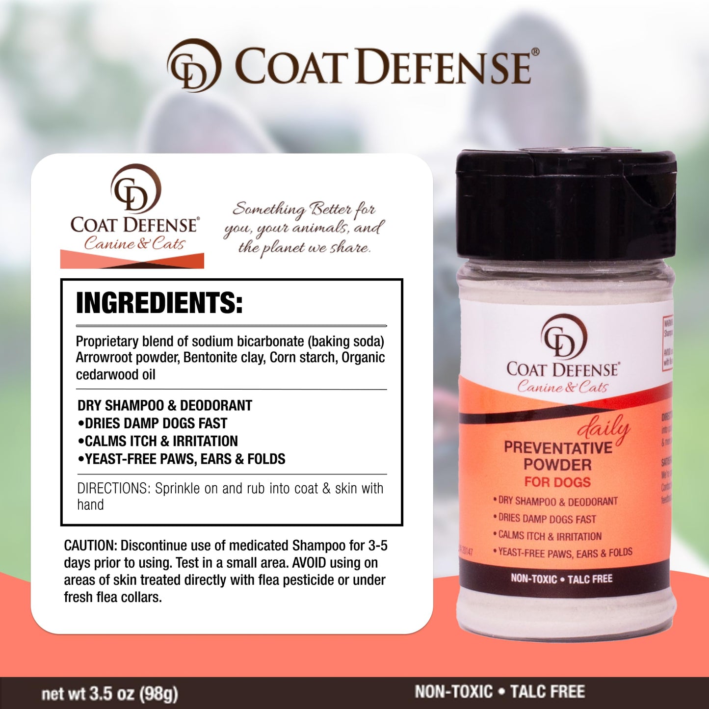 COAT DEFENSE Preventative Powder | Made in USA | 3.5oz Waterless Dog Shampoo & Pet Deodorizer for Smelly Dogs | Provides Anti Itch Relief | Dog Shampoo for Dry Itchy Skin & Smelly Dogs