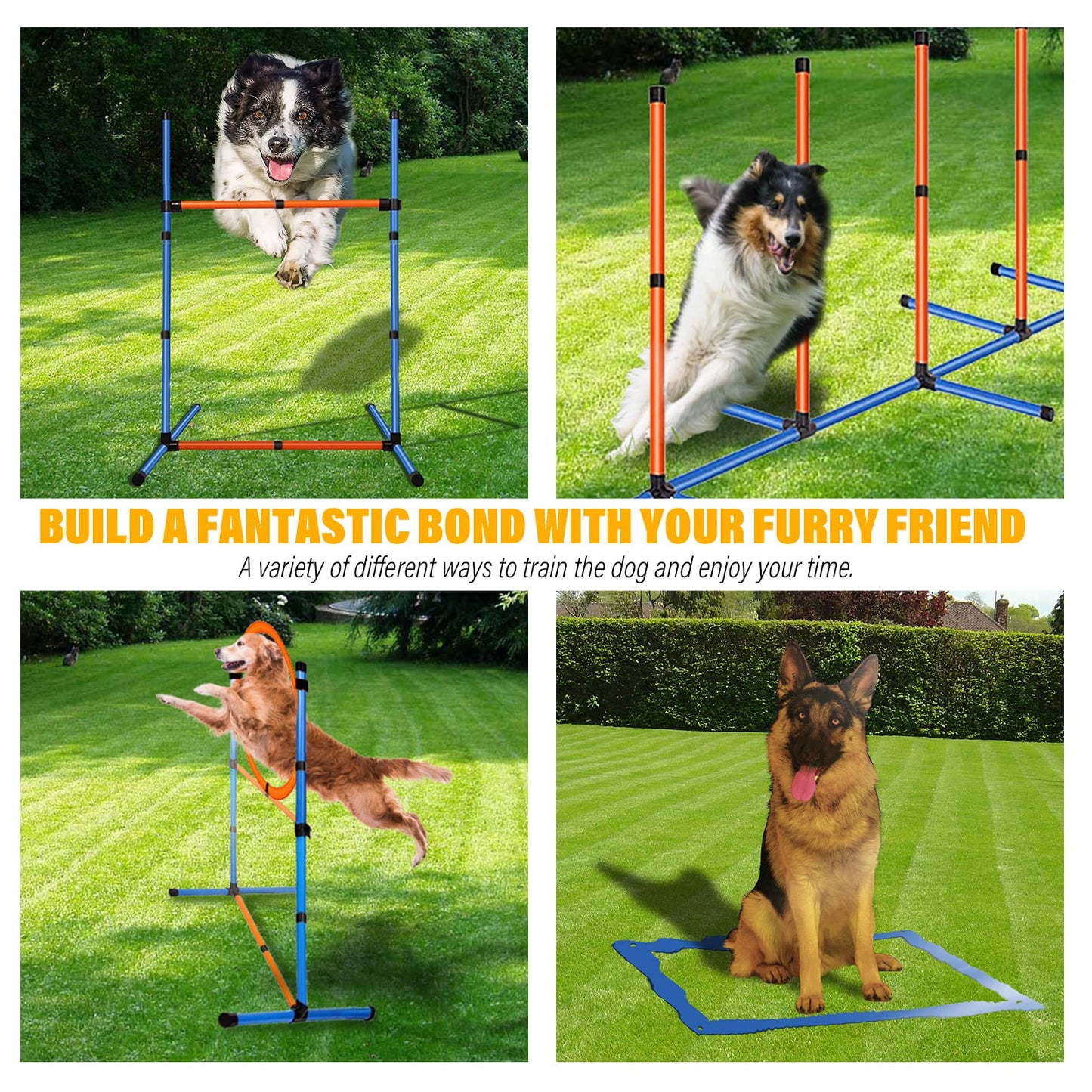 MKSY Dog Agility Equipment Set, Obstacle Courses Training Starter Kit Includes Adjustable High Jump Hurdle, Hoop, Weave Poles, Pause Box, Treat Pouch with Easy Carry Bag