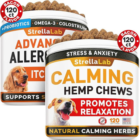 Advanced Allergy + Hemp Calming Dogs Bundle - Itchy Skin Treatment + Anxiety Relief - Omega3&Pumpkin - Dog Itch Relief + Health & Wellness Supplements for Dog Separation Barking - 240Ct - Made in USA
