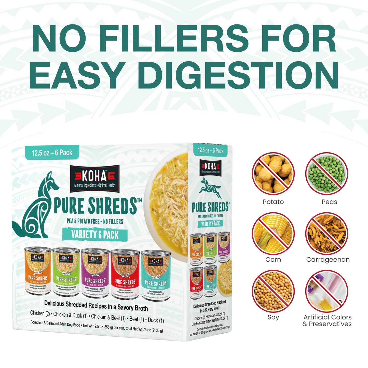 KOHA Pure Shreds Dog Variety Pack, High Protein Wet Dog Food- 5 Flavors - Beef, Duck, Chicken & Duck and Chicken & Beef Food for Dogs - 12.5oz Cans, Pack of 6