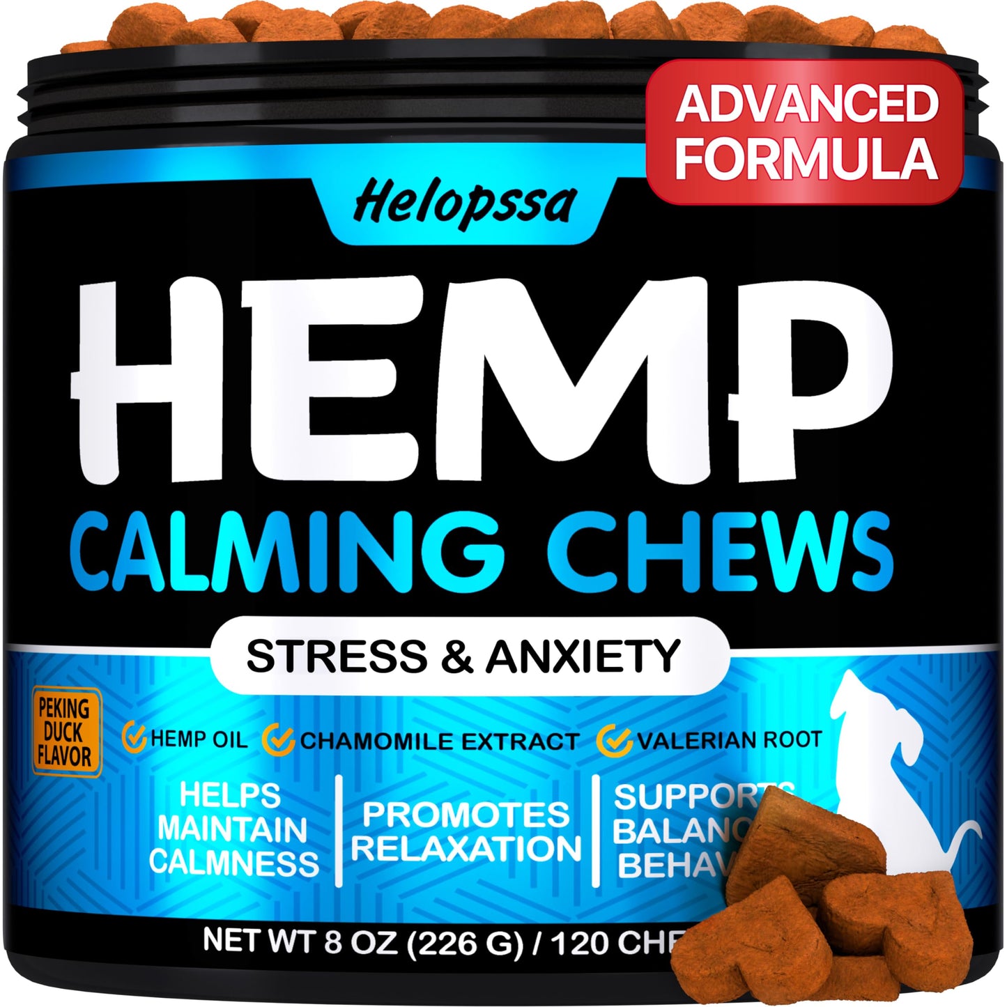 Hemp Calming Chews for Dogs with Anxiety and Stress - Anxiety Relief Chews for Storms, Fireworks, Thunder, Barking, Separation - Valerian, L-Tryptophan, Hemp Oil - Peking Duck- 120 Dog Calming Treats