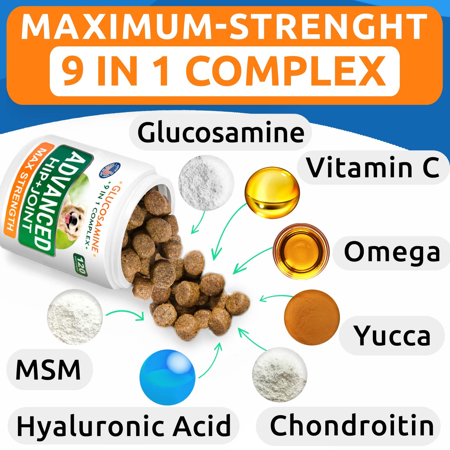 Senior Advanced Glucosamine + Glucosamine w/Hemp Bundle - Old Dog Joint Pain Relief + Natural Joint Pain Relief - Supplement w/MSM, Chondroitin, Omega-3 + Hemp Oil - 120 + 120 Chews - Made in USA