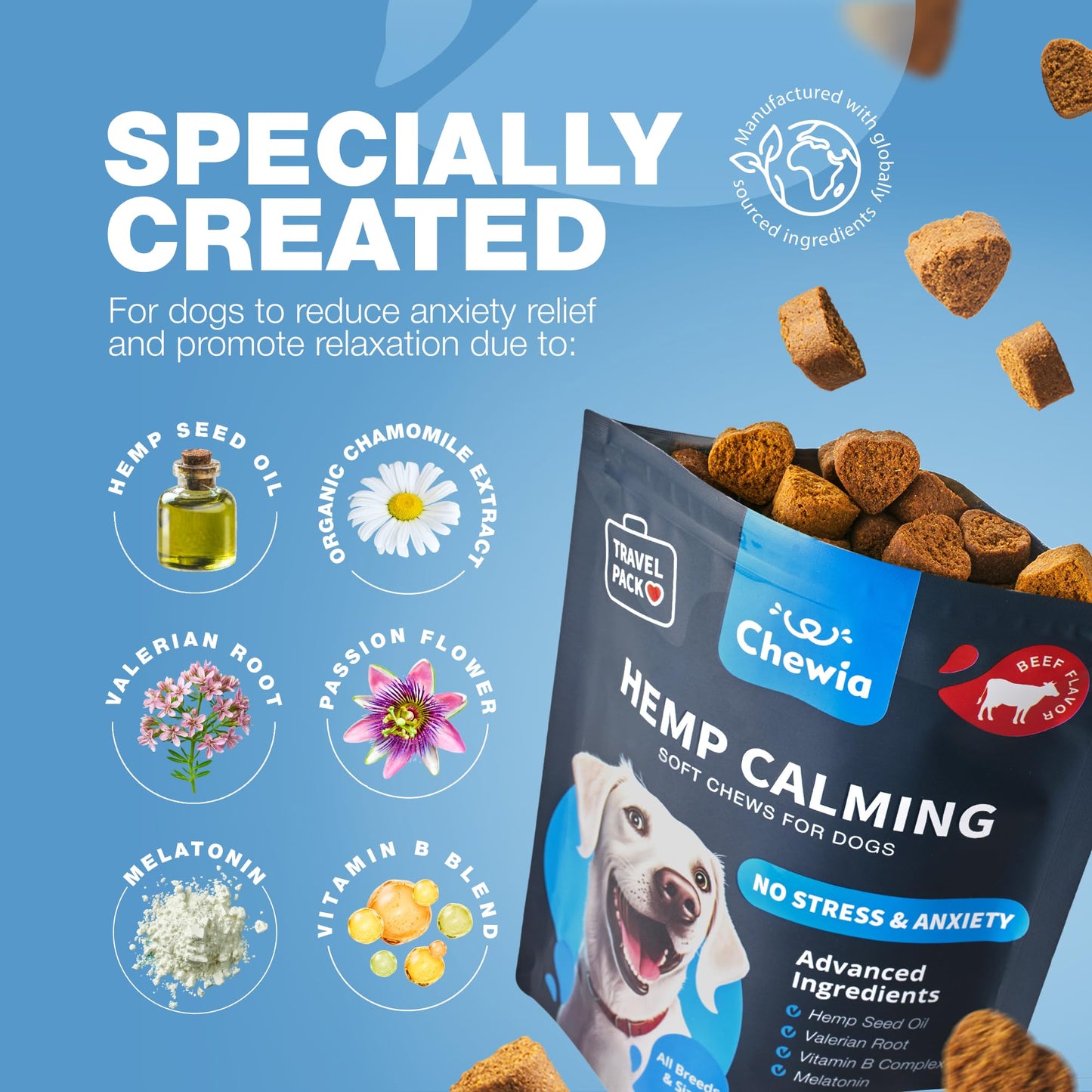 Hemp Calming Chews for Dogs Anxiety Relief - Dog Calming Treats with Melatonin, Chamomile Extract, Valerian Root - Travel Pack - Anxiety Relief Chews for Vet Visits, Grooming, Nail Trimming, Storms