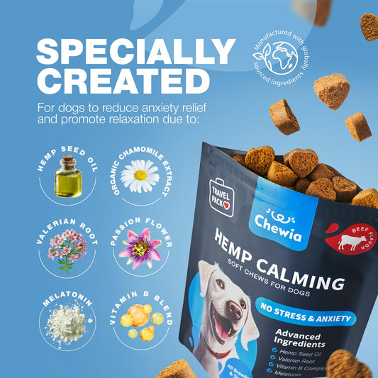 Hemp Calming Chews for Dogs Anxiety Relief - Dog Calming Treats with Melatonin, Chamomile Extract, Valerian Root - Travel Pack - Anxiety Relief Chews for Vet Visits, Grooming, Nail Trimming, Storms