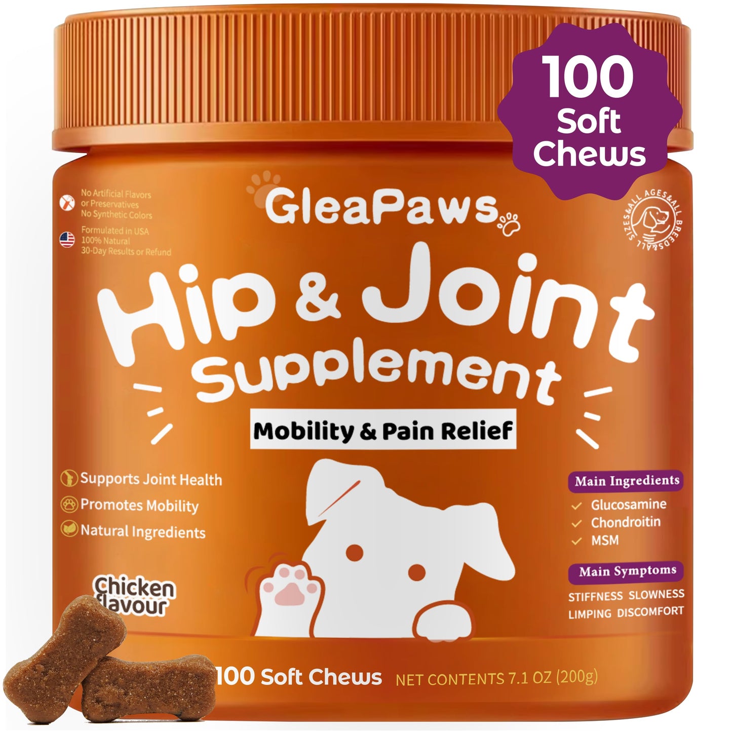 GleaPaws Hip & Joint Supplement Chews for Dog Joint Pain Relief - Glucosamine, Chondroitin, MSM for Dog Joint Collagen - Mobility Support for Senior, Large & Small Dogs - 100 Chews, Store in Dry Place