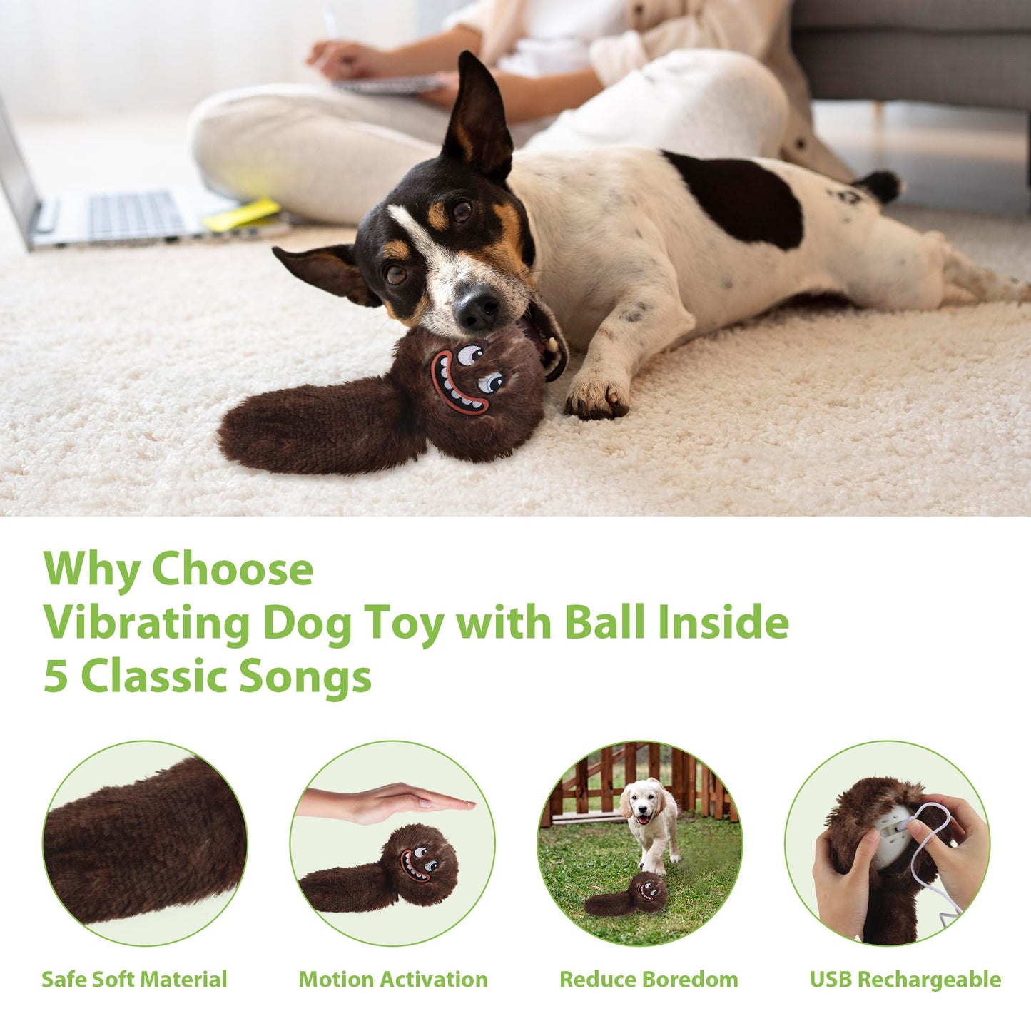 PETGEEK Interactive Squeaky Dog Toy, Automatic Moving Vibrating Dog Balls with Plush Cover, Rechargeable Perro Juguetes with Recording and Music Mode, Crinkle Pet Plush Toy for Boredom, Brown