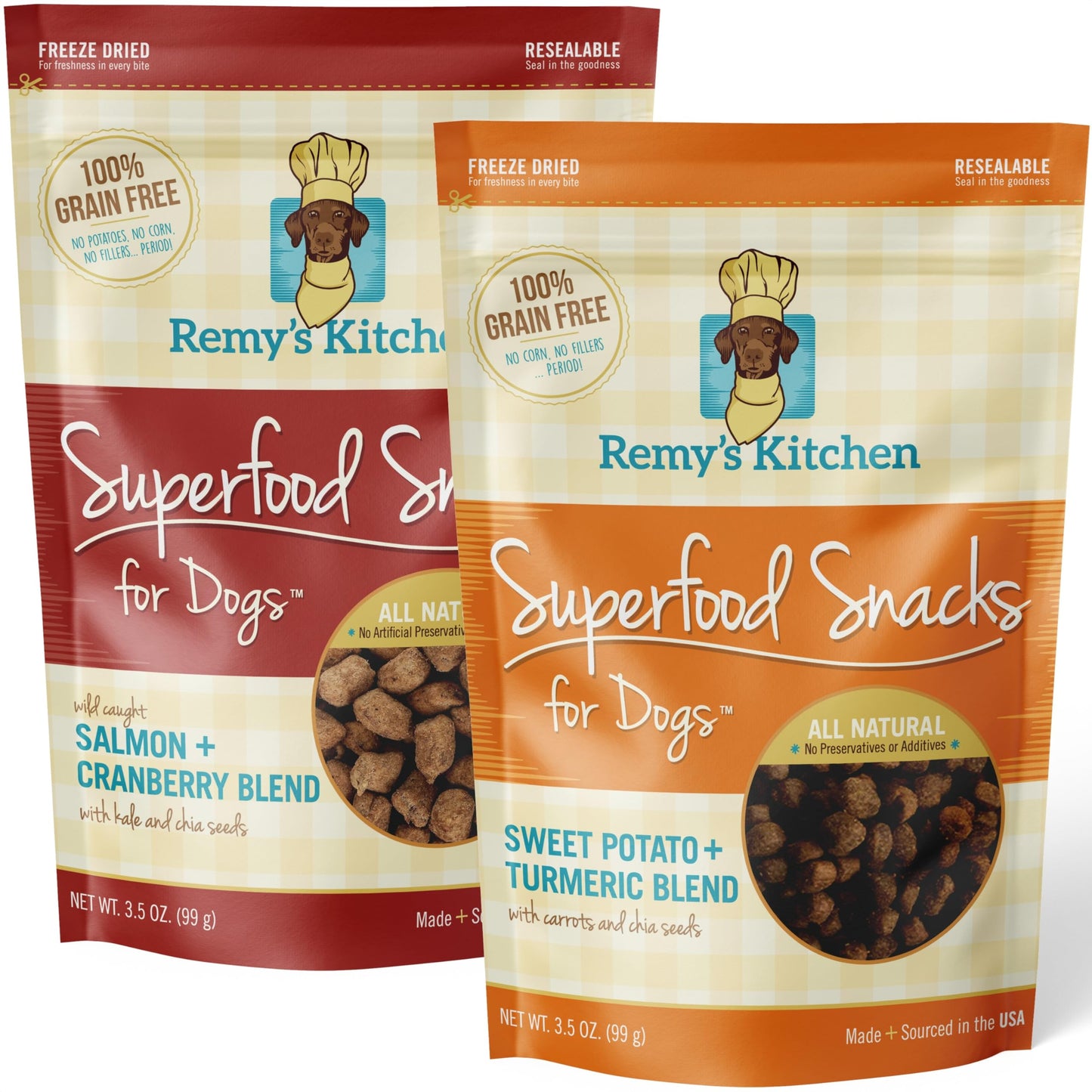 Remy's Kitchen Freeze Dried Dog Treats USA Sourced and Small Batch Made - Human-Grade, All Natural Superfood Dog Snacks without Artificial Preservatives, Grain Free - 7 oz, Sweet Potato, Salmon 2-Pack