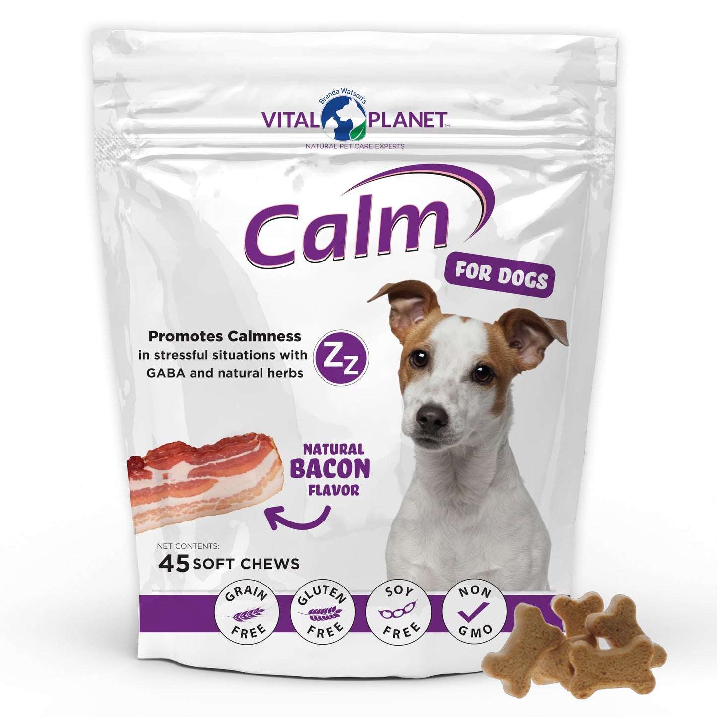 Vital Planet - Calm Soft Chews for Dogs, Promotes Calmness in Stressful Situations with GABA, Colostrum, Valerian, Turmeric, Chamomile, and L-Theanine - 45 Natural Bacon Flavored Soft Chews