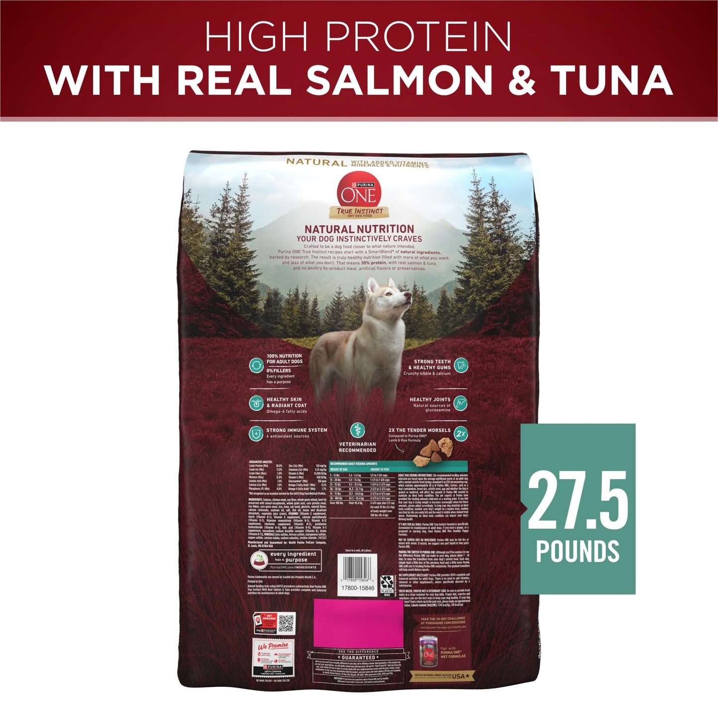 Purina ONE True Instinct With Real Salmon and Tuna Natural With Added Vitamins, Minerals and Nutrients High Protein Dog Food Dry Formula - 27.5 lb. Bag