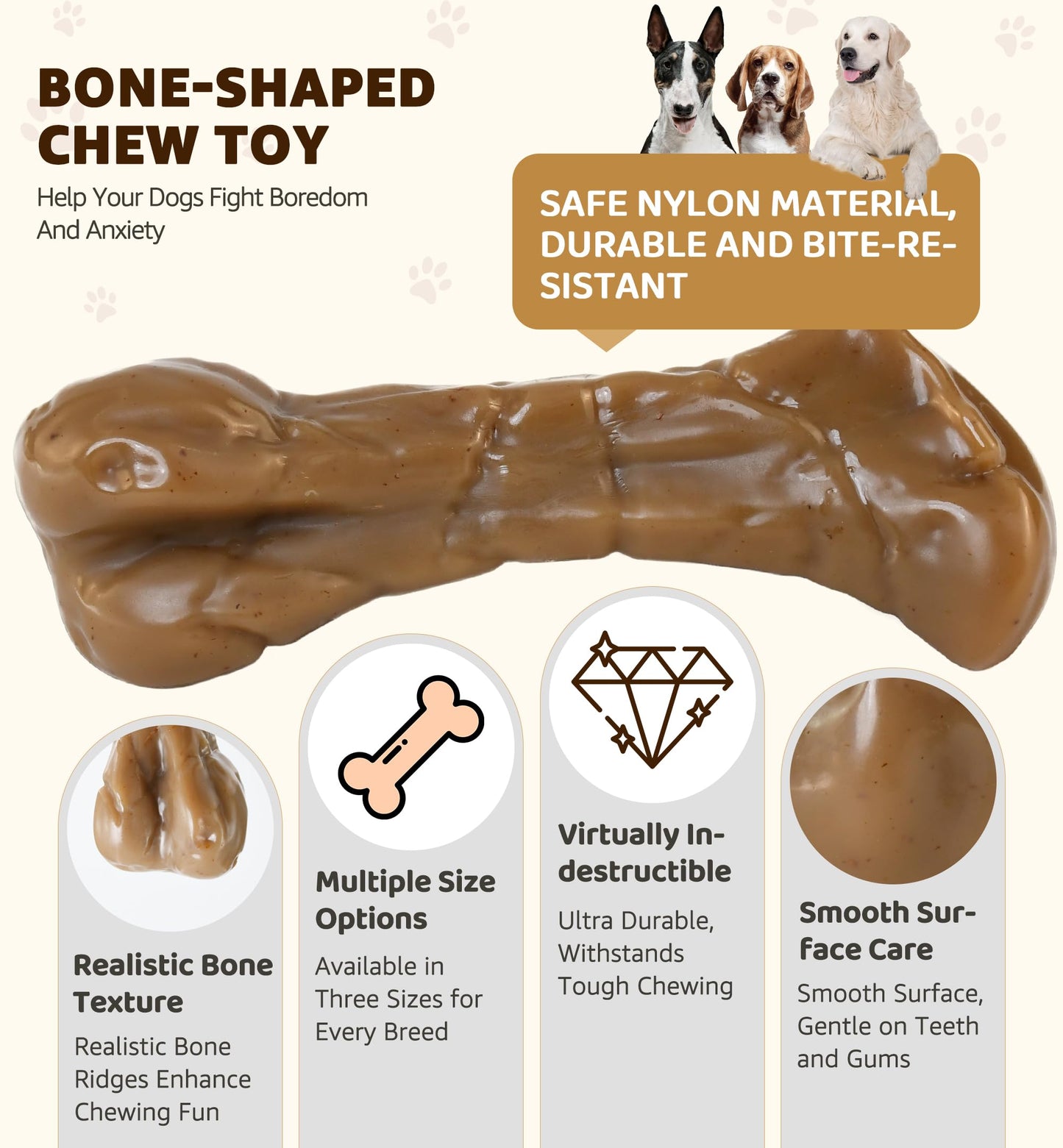 IPTPAS Tough Dog Chew Toy Infused with Real Cowhide, Long-Lasting Beef Flavor, Indestructible Nylon Bone Toy for Aggressive Chewers, Dental Care, Multiple Size Options for All Breeds (Large)