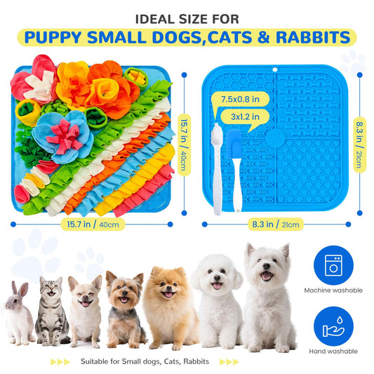 UETZLTB Dog Snuffle Mat and Lick Mat Set, Interactive Dog Enrichment Puzzle Toys for Puppy Small Breed Dogs Cats Rabbits, Cognitive Sniff Foraging Mats for Slow Feeding Treat Game Mental Stimulation