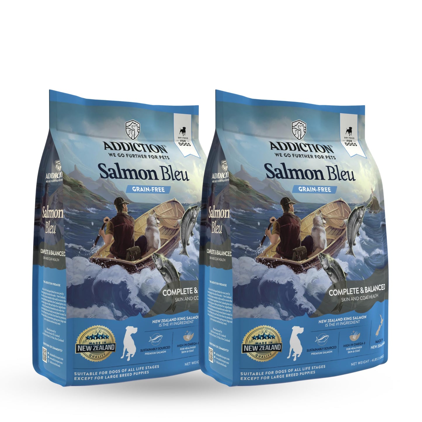 Addiction Salmon Bleu Grain-Free Dry Dog Food - Rich in Prebiotics to Support Skin, Coat & Cognitive Health - Salmon Recipe for All Dog Life Stages - Made in New Zealand 4lb - 2 Packs