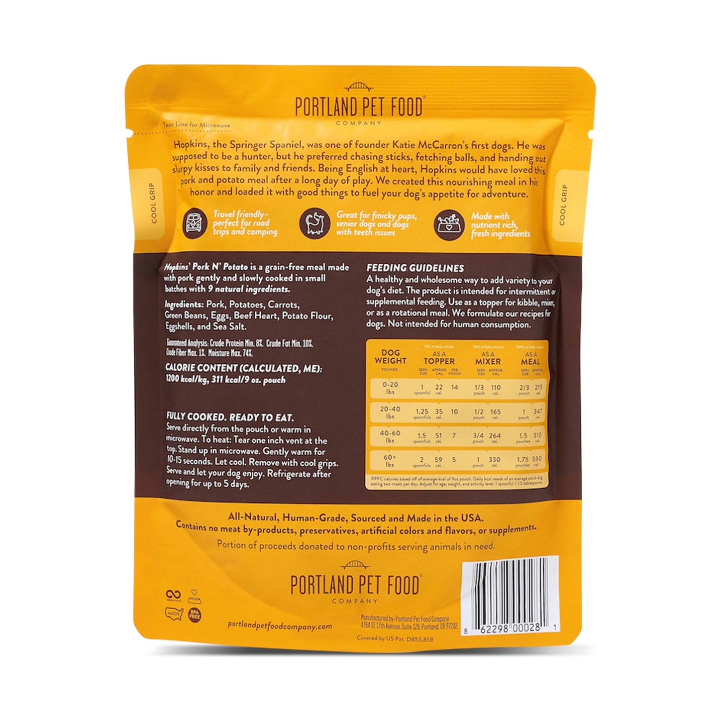 Portland Pet Food Company Hopkin's Pork N’ Potato Fresh Dog Food Pouches - Human-Grade, Grain-Free Wet Meal Topper Mixer & Meals - Small & Large Breed Puppy & Senior Dogs - Made in The USA - 5 Pack