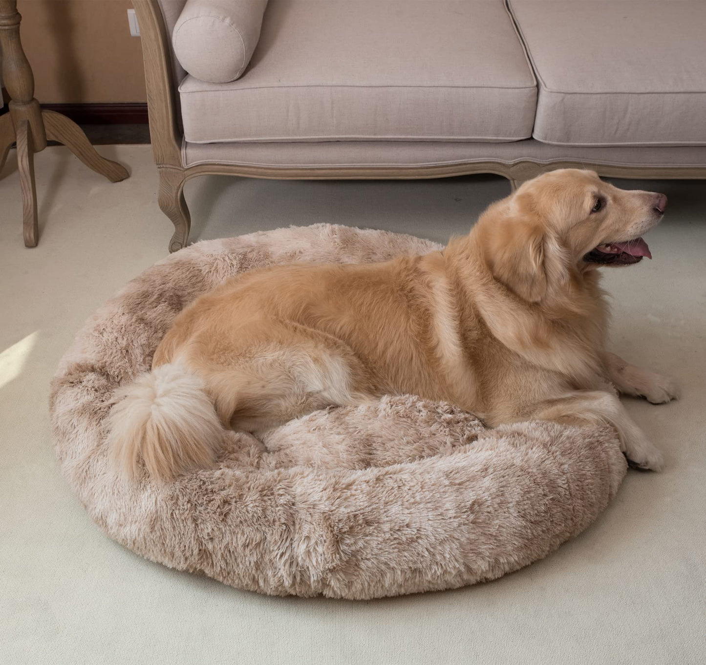 Coohom Oval Calming Donut Cuddler Dog Bed,Shag Faux Fur Cat Bed Washable Round Pillow Pet Bed(30"/36") for Small Medium Dogs (XXL(43"x34"x8"), Beige2021)
