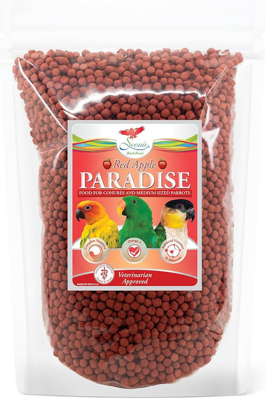 Scenic Apple Paradise Premium Parrot Food - Apple & Natural Flavors, High Protein, Low Iron Conure Bird Food, Eclectus & Other Small Pet Parrots, Omega 3, Vitamins & Minerals, 1 LB