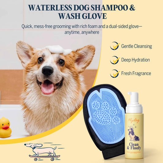 Clean and Floofy Dry Dog Shampoo with Glove – No Rinse Spray Foam, Anti-Itch, Odor Control, Moisturizing & Conditioning, Hydrating, Detangling, Sulfate-Free Waterless Pet Bath Wash for Dogs & Puppies