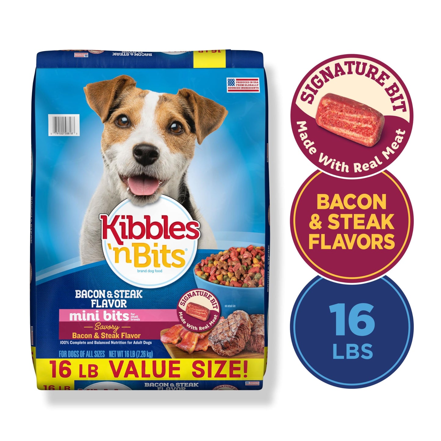 Kibbles 'n Bits Mini Bits Small Breed Dry Dog Food, Savory Bacon & Steak Flavor for Adult Dogs, 16 lb. Bag