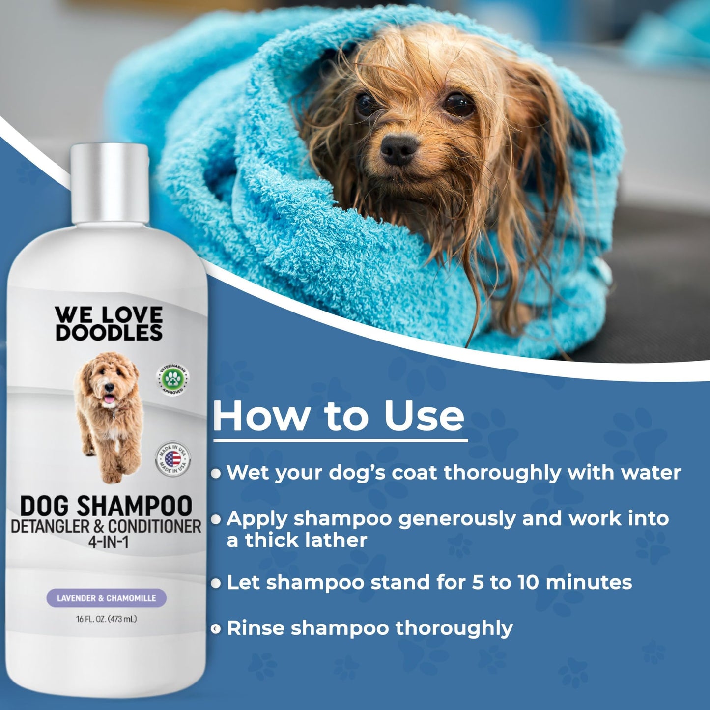 We Love Doodles Dog Shampoo, Conditioner, & Detangler - Shampoo for Dogs, Goldendoodles, Poodles & Doodles, for Matted Pet Hair & Sensitive Skin, Made in The USA, Lavender, 16 oz