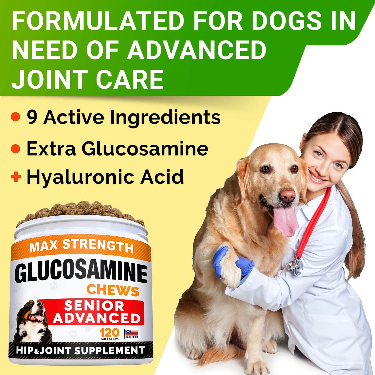 Senior Advanced Glucosamine Chondroitin Joint Supplement for Dogs - Hip & Joint Pain Relief Pills - Large & Small Breed - Hip Joint Chews Canine Joint Health - Chews Older Dogs - Bacon Flavor-120Ct