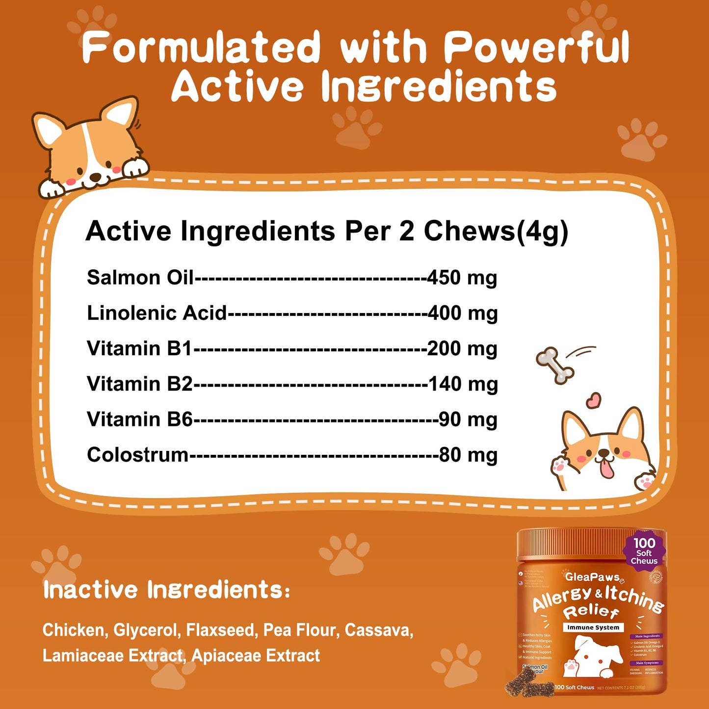 GleaPaws Dog Allergy & Itch Relief Supplement - Salmon Oil Omega-3, Omega-6, Vitamin B1/B2/B6, Colostrum Probiotics for Seasonal Allergy, Hot Spots, Paw Licking, 100 Chews, Store in Dry Place
