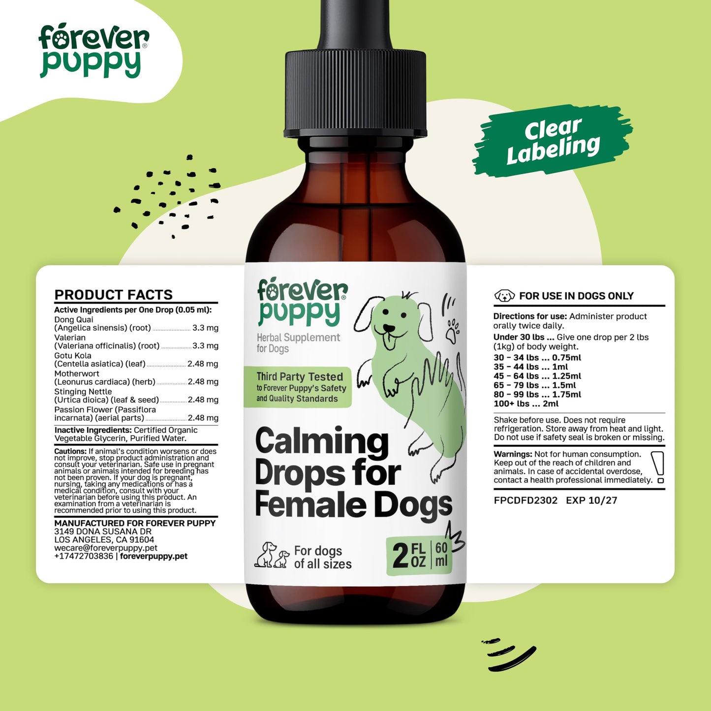 Forever Puppy Calming Drops for Female Dogs - Pure Valerian Root & Passion Flower Extract for Female Composure - Liquid Relaxing & Mood Support Supplement for Dogs of All Breeds & Sizes - 2 oz