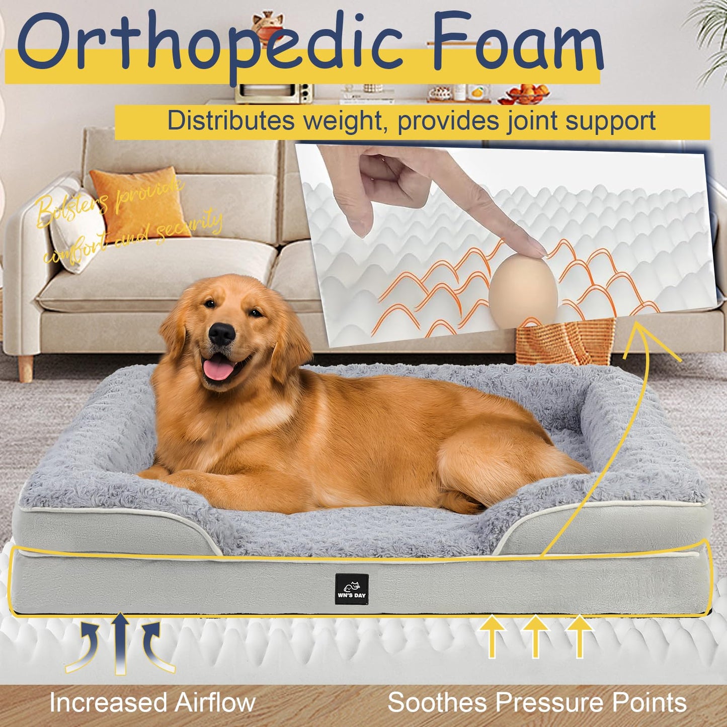 Orthopedic Dog Bed for Large Medium Sized, Washable Memory Foam Large Dog Bed, Durable Medium Pet Sofa with Removable Cover, Washable Waterproof Pet Couch Beds(Grey, XL)