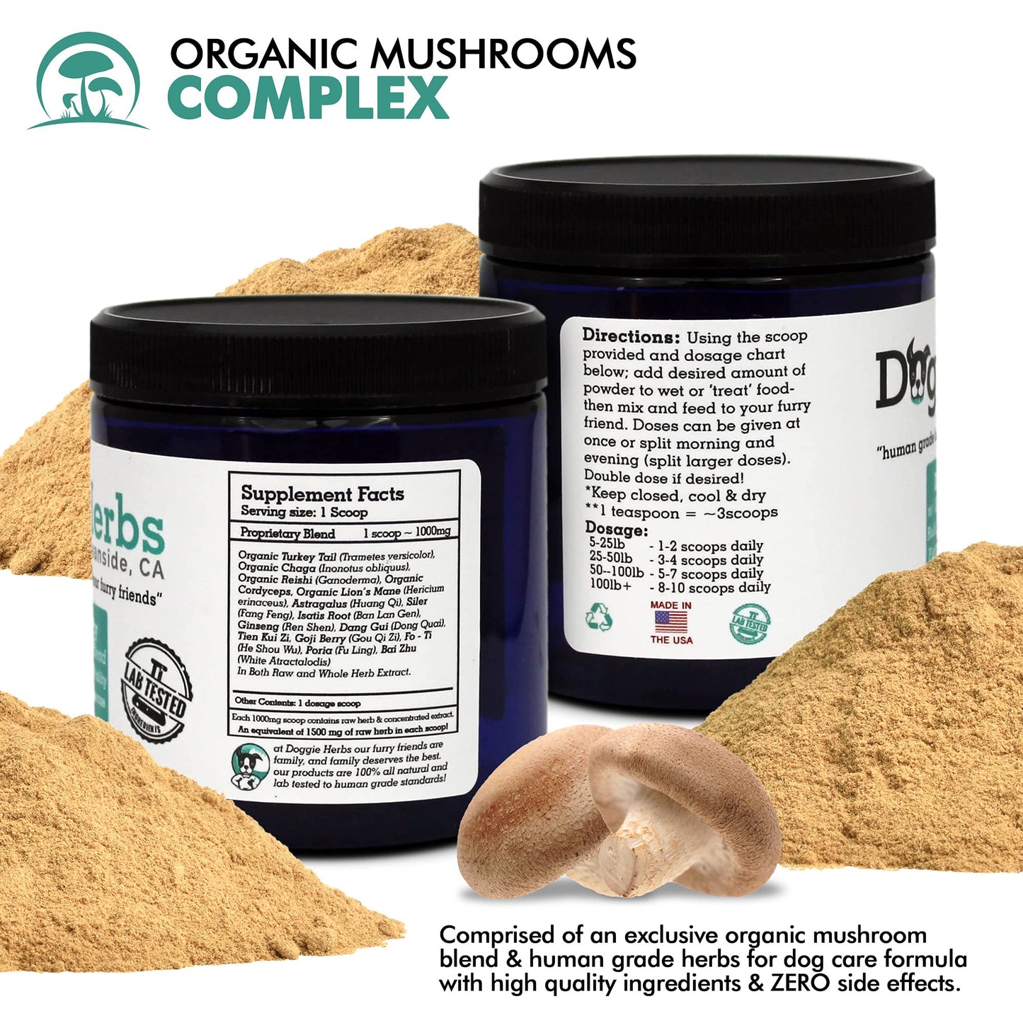 Certified Organic Immunity Mushroom Mix for Dogs, 22.3% Beta Glucan for Canine Health & Immunity Boost Dog Supplement Herbal Powder w/Scoop - 100g
