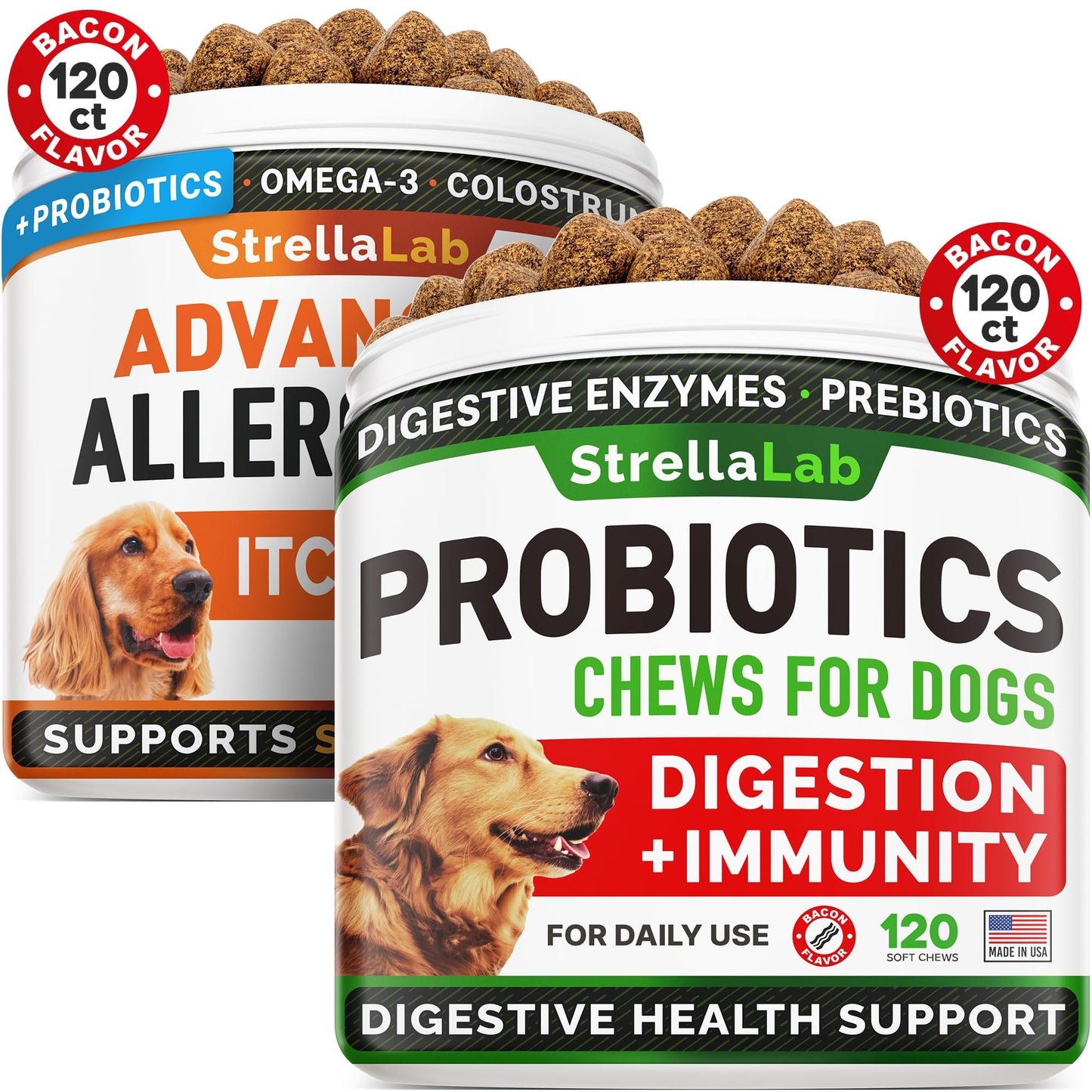 Advanced Allergy + Dog Probiotics Treats, Chews with Fish Oil Omega 3 & Probiotics - Itchy Skin Relief - Immune Supplement