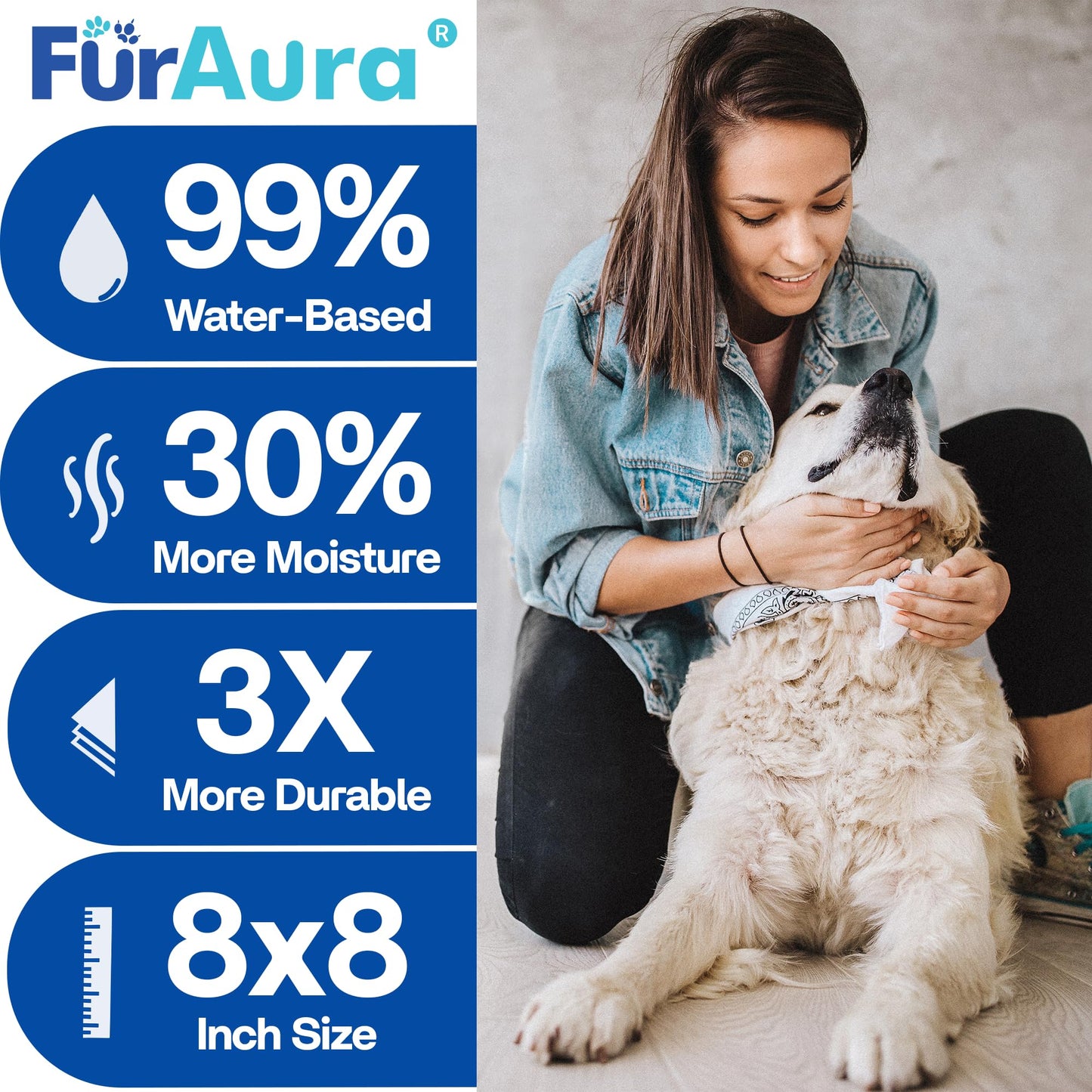 FurAura Dog Aqua Wipes – 99% Water Pet Grooming Wipes for Sensitive Dogs, Puppies & All Breeds, Hypoallergenic, Puppy Essentials, for Cleaning Paws, Face, Ears, Tear Stain & Butt, Unscented 100 Count