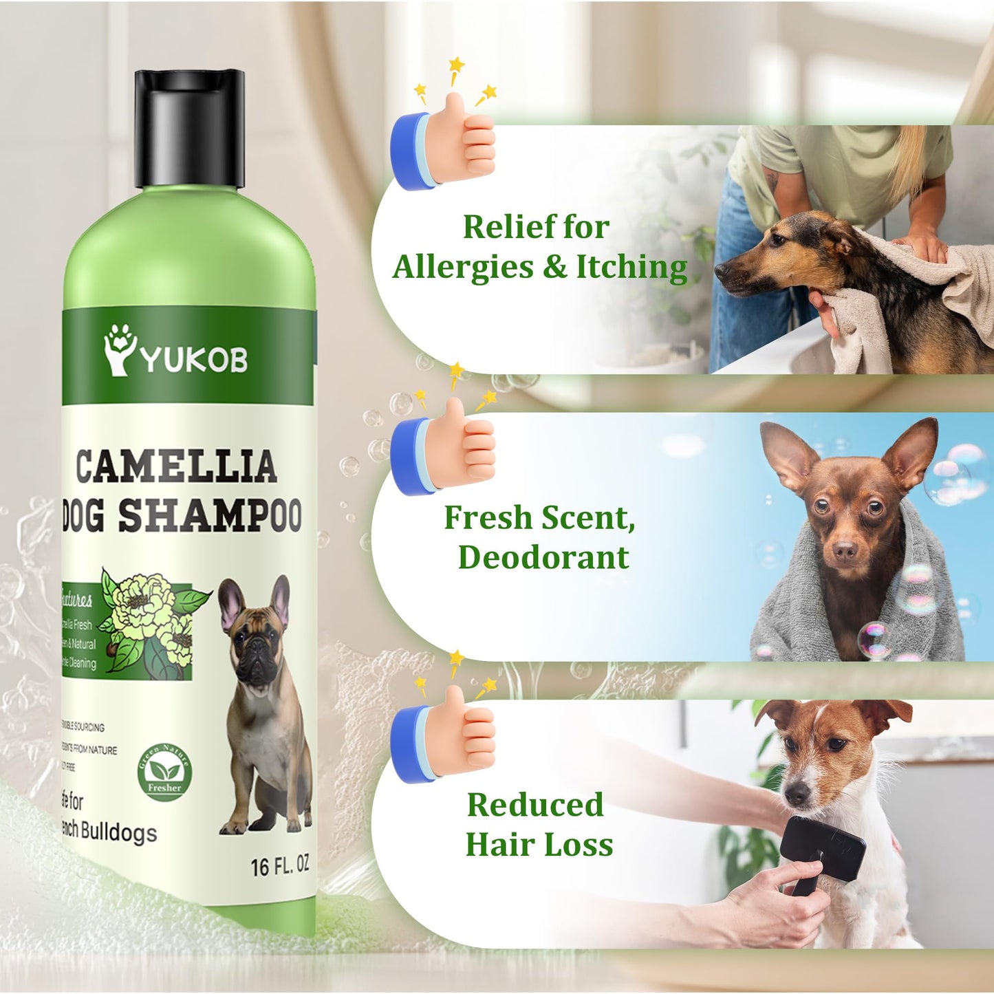 French Bulldogs Shampoo for Sensitive Skin - Natural Camellia Deshedding Pet Shampoo | Allergy & Itch Relief | Reduce Shedding & Odor Control for Smelly Dogs | Botanical Scent |16 oz