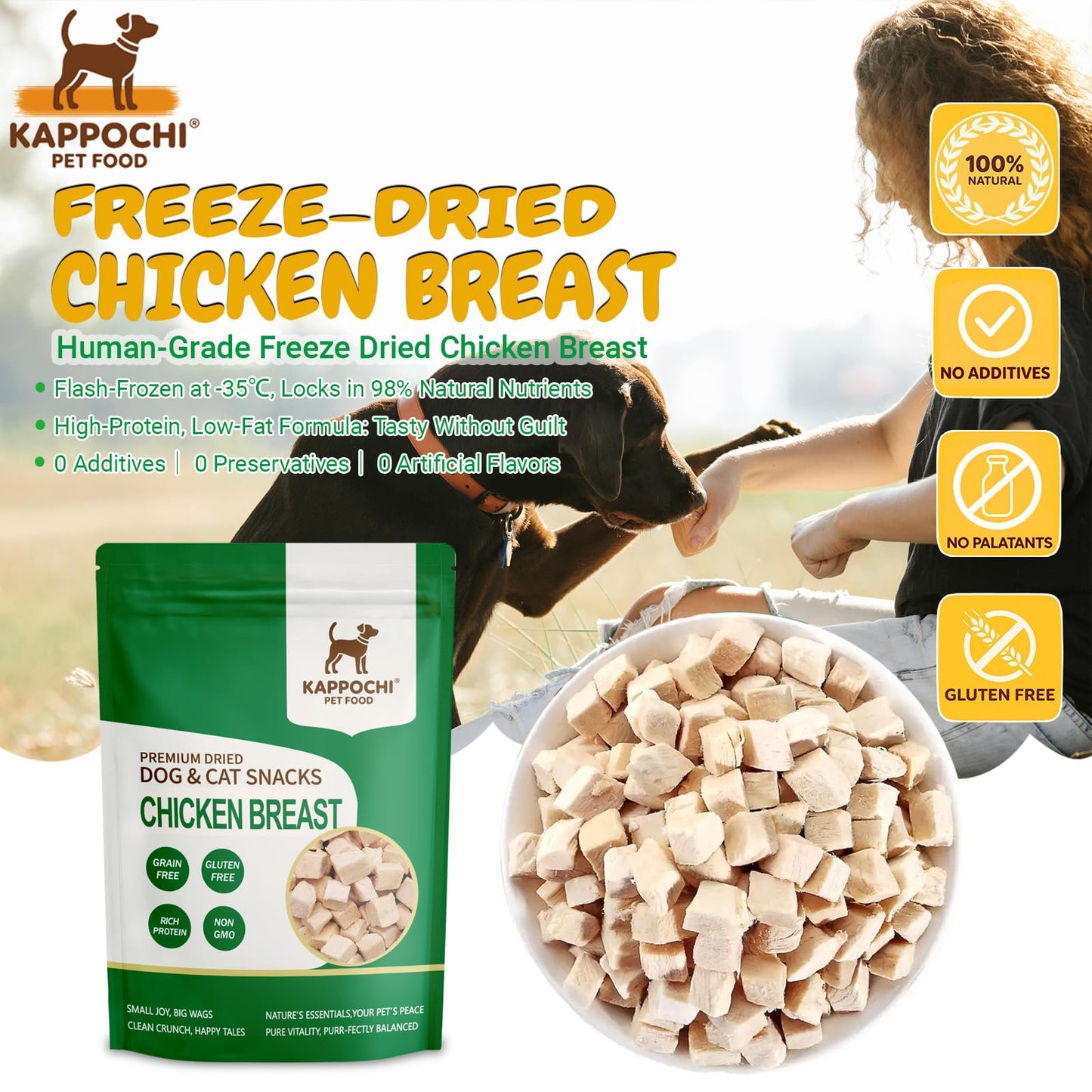 KAPPOCHI Freeze-Dried Chicken Breast Dog Treats, 3.5oz(100.0g), 100% Single Ingredient, Low Fat, High Protein Training Treats, Natural & Raw, No Additives, Grain Free, Gluten Free