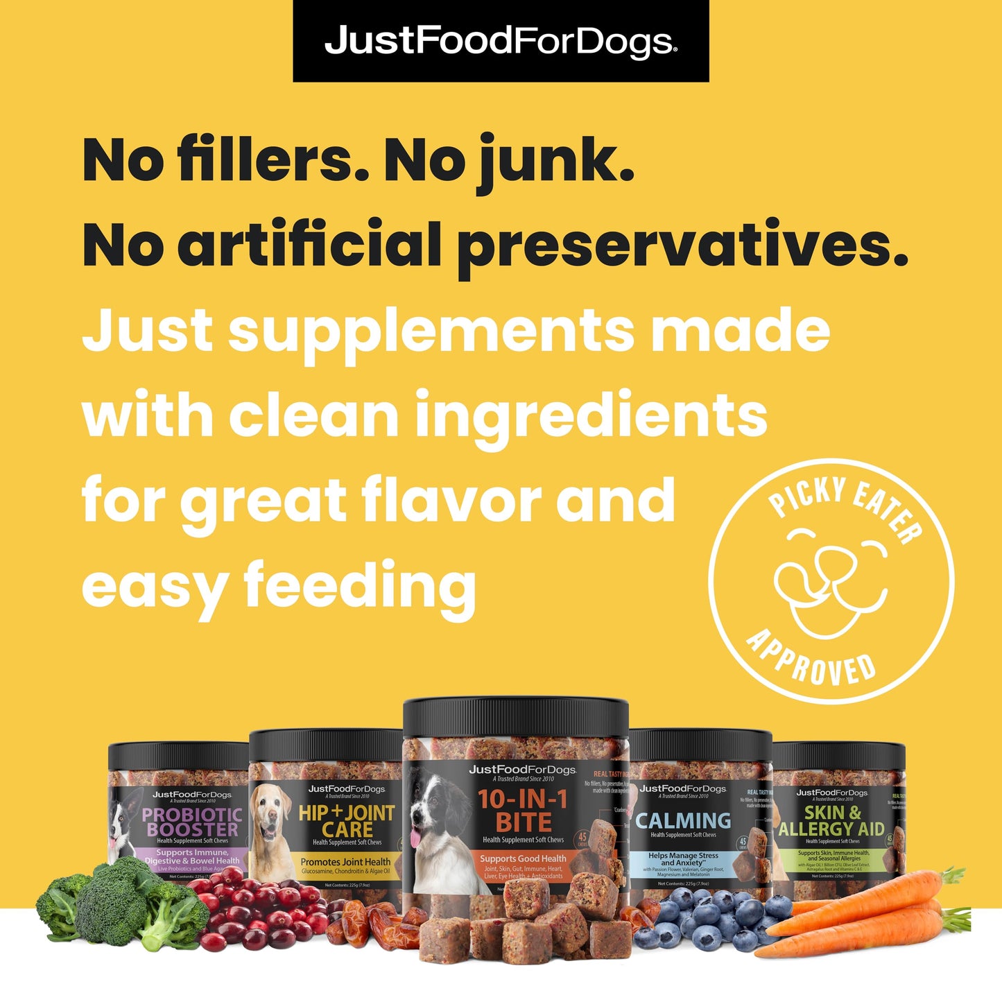 JustFoodForDogs Hip + Joint Soft Chews Mobility Supplement for Dogs with Glucosamine and Chondroitin, Superfood Blend, Human Grade, Plant-Based - 45 Count