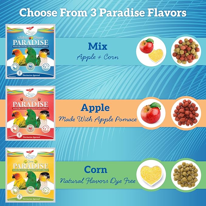 Scenic Mix Paradise Premium Parrot Food - Apple & Natural Flavors, High Protein, Low Iron Conure Bird Food, Eclectus & Other Small Pet Parrots, Omega 3, Vitamins & Minerals, 2 LB Bag