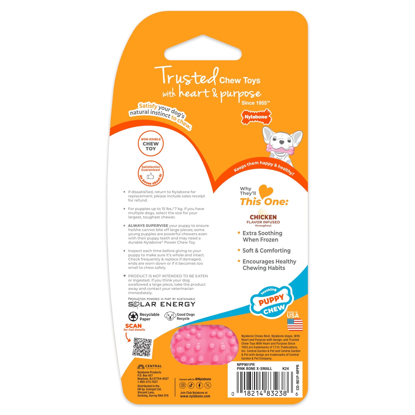 Nylabone Textured Teething Bone Puppy Chew Toy, Soothing Puppy Teething Bone, Enrichment Toy for Puppies, Pink, Chicken Flavor, X-Small Dogs - Up to 15 Ibs, 1 Count