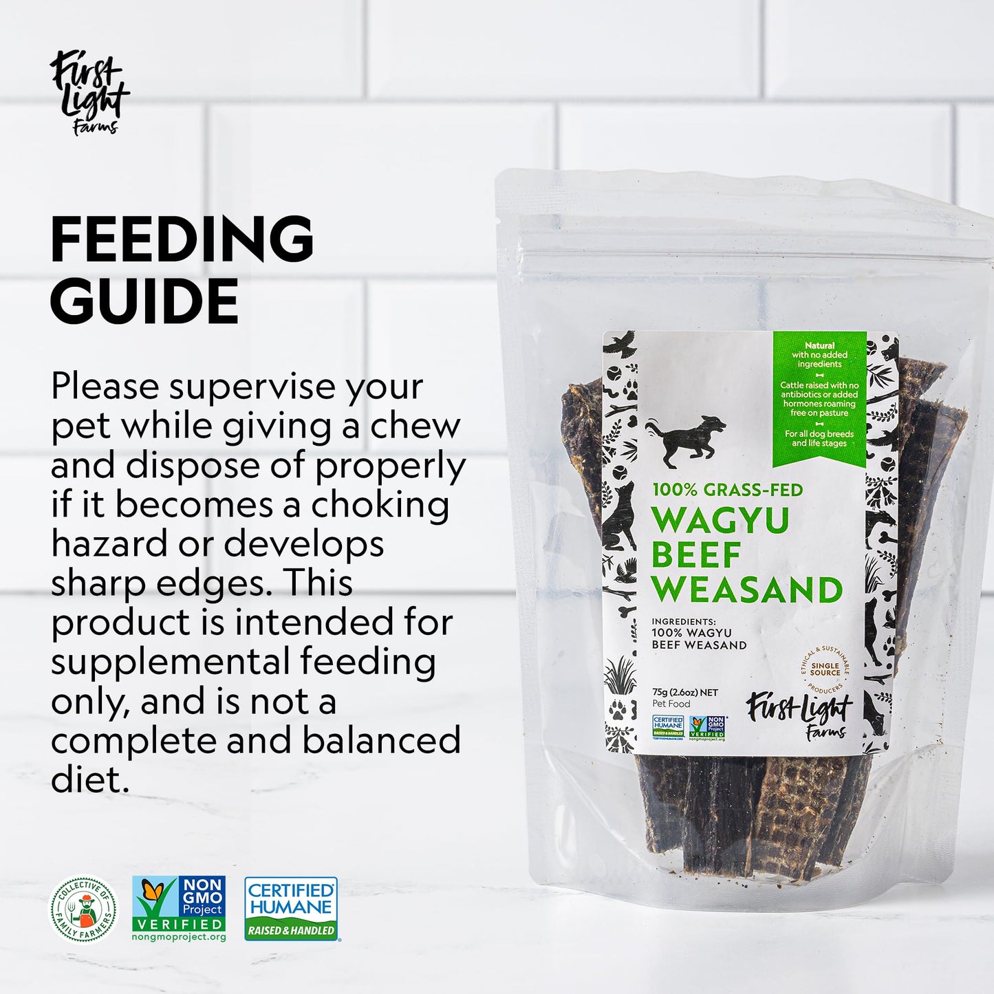 First Light Farms Wagyu Beef Esophagus Dog Treats | Gullet Sticks for Dogs | Esophagus Jerky Treats | All Natural Weasand Chews, 4-5 Count | Healthy Treats for Teeth, Mental Stimulation, Joint Support