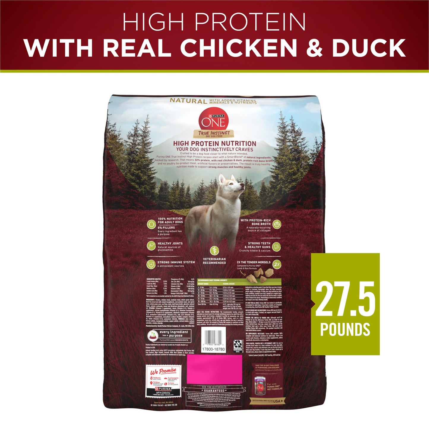 Purina ONE True Instinct High Protein Dry Dog Food Formula with Real Chicken and Duck Natural with Added Vitamins and Minerals Dog Food - 27.5 lb. Bag