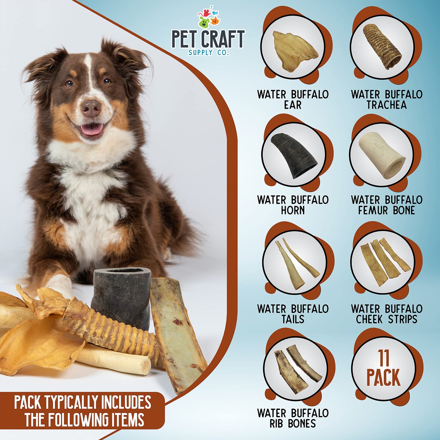 Pet Craft Supply Pure Natural Grass Fed Grain Free Water Buffalo Variety Pack of 11 Durable Tough Dog Chew for Aggressive Chewers and Puppies, Black